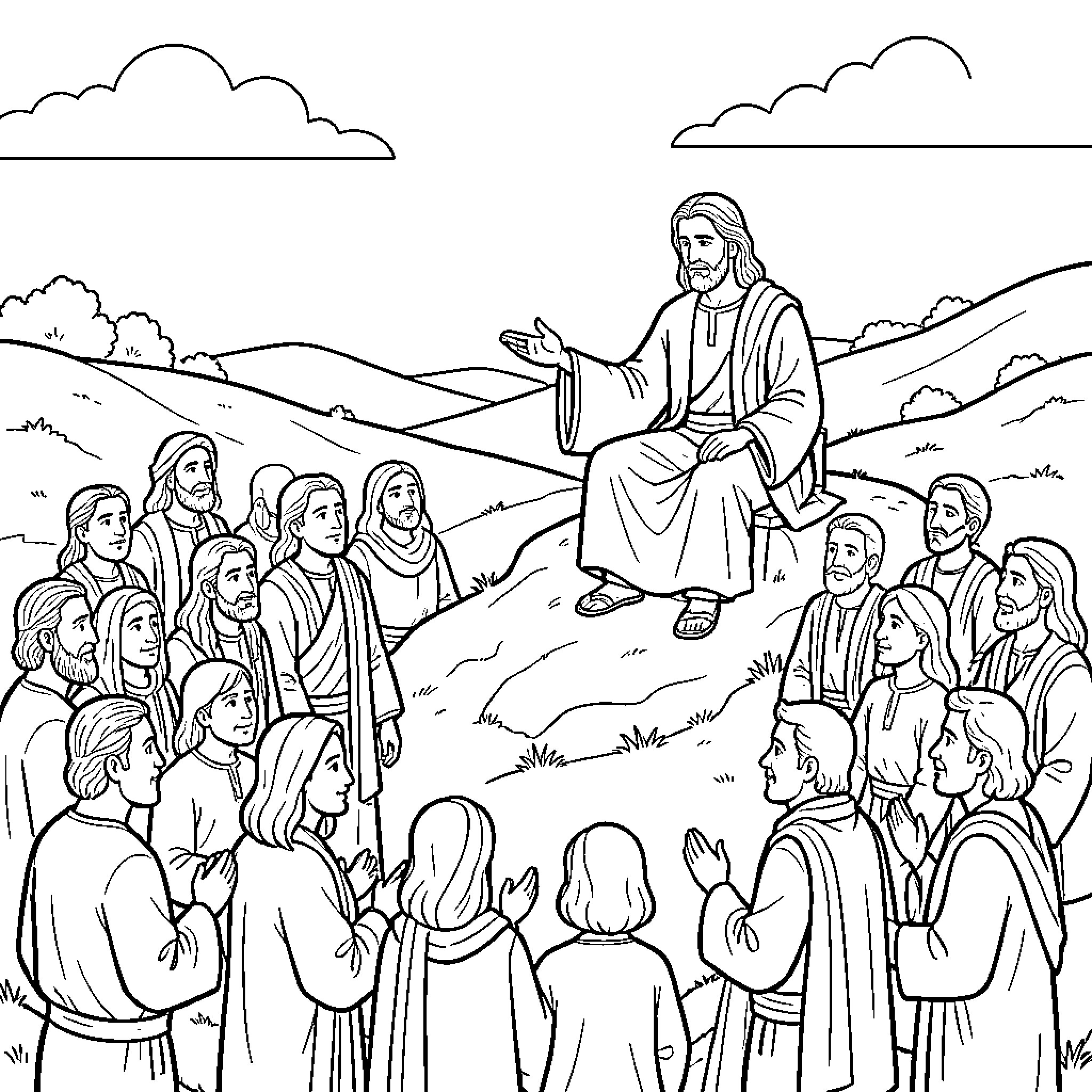 Jesucristo teaching and preaching to a crowd Coloring Page (free black-and-white line drawing printable PDF for all, from beginners to advanced learners, including children, teens, adults, and seniors)