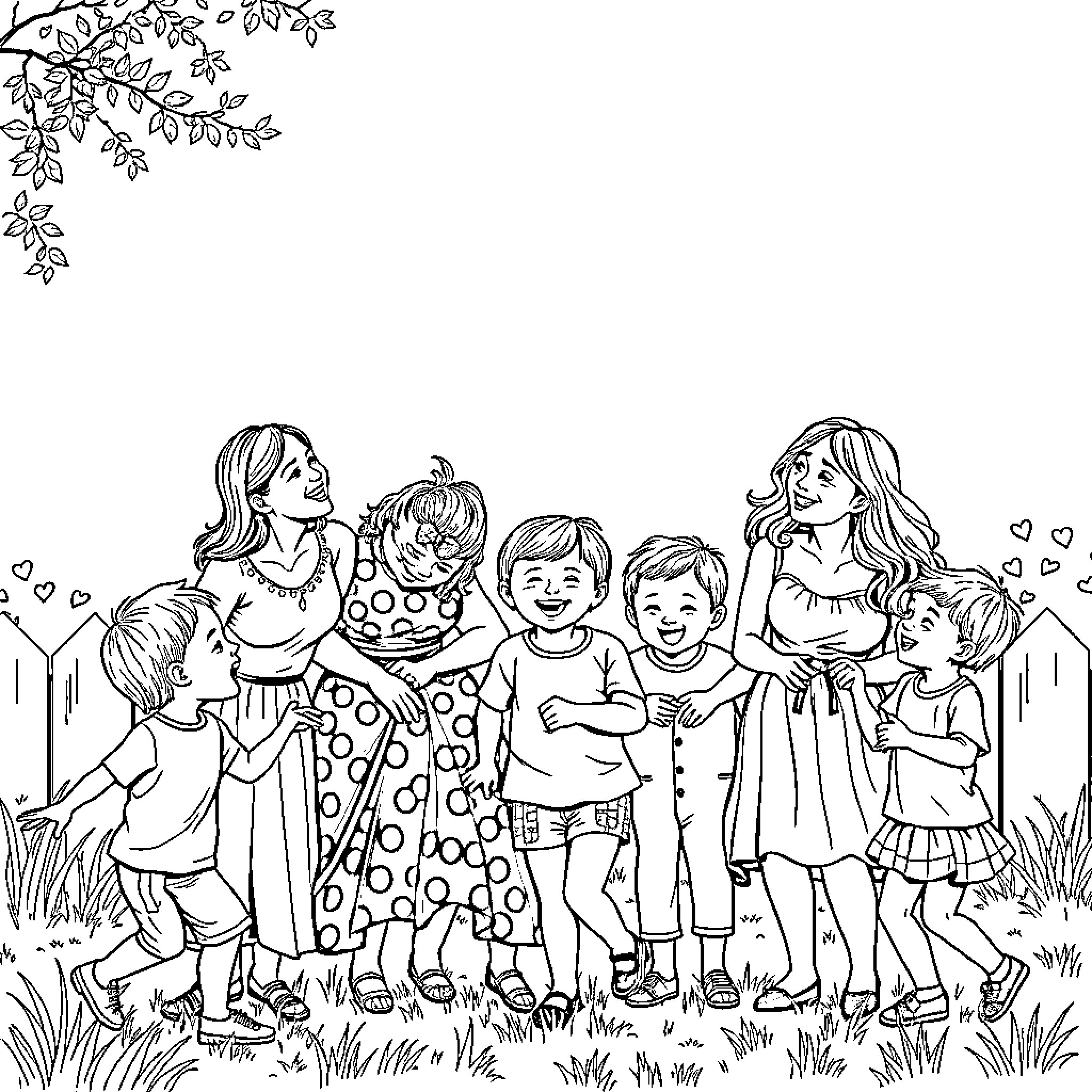 Woman and children playing together in the garden Coloring Page (free black-and-white line drawing printable PDF for all, from beginners to advanced learners, including children, teens, adults, and seniors)