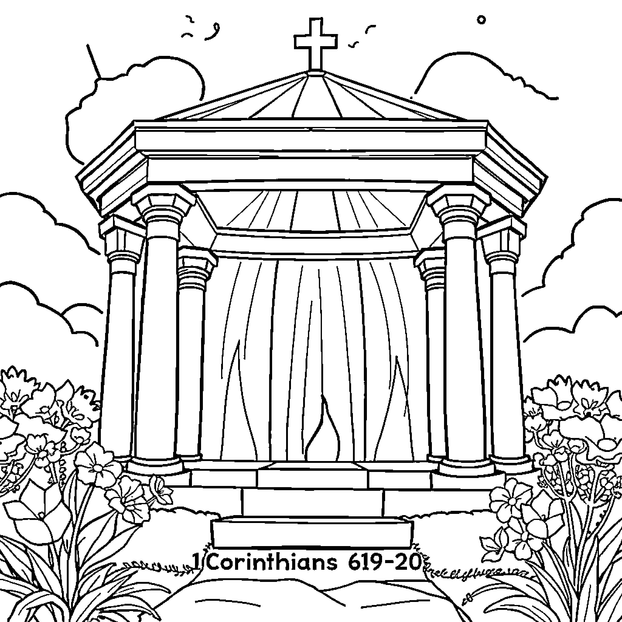 Body of Architectural Structure with Cross Coloring Page (free black-and-white line drawing printable PDF for all, from beginners to advanced learners, including children, teens, adults, and seniors)