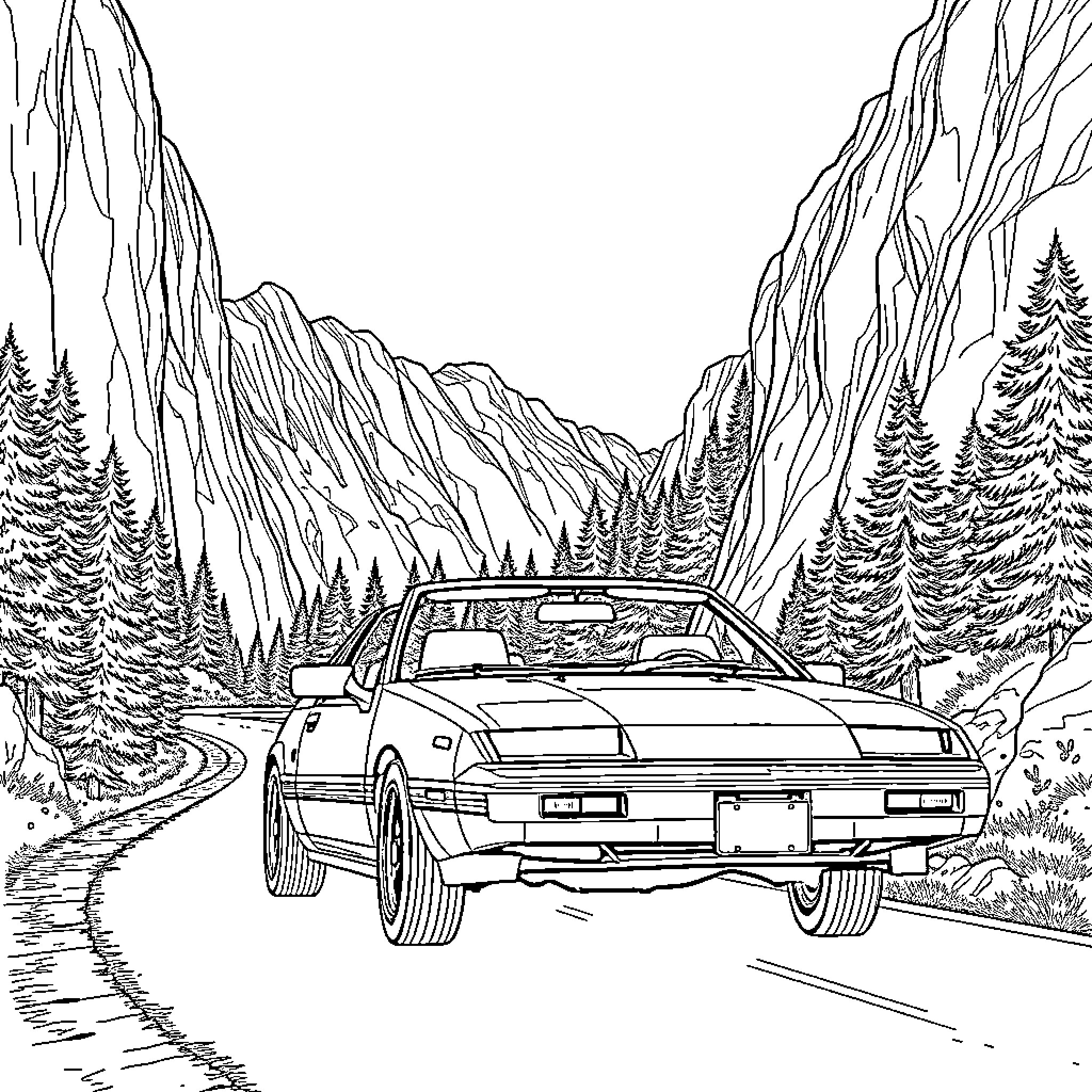 Nissan Pulsar driving through scenic mountain landscape Coloring Page (free black-and-white line drawing printable PDF for all, from beginners to advanced learners, including children, teens, adults, and seniors)