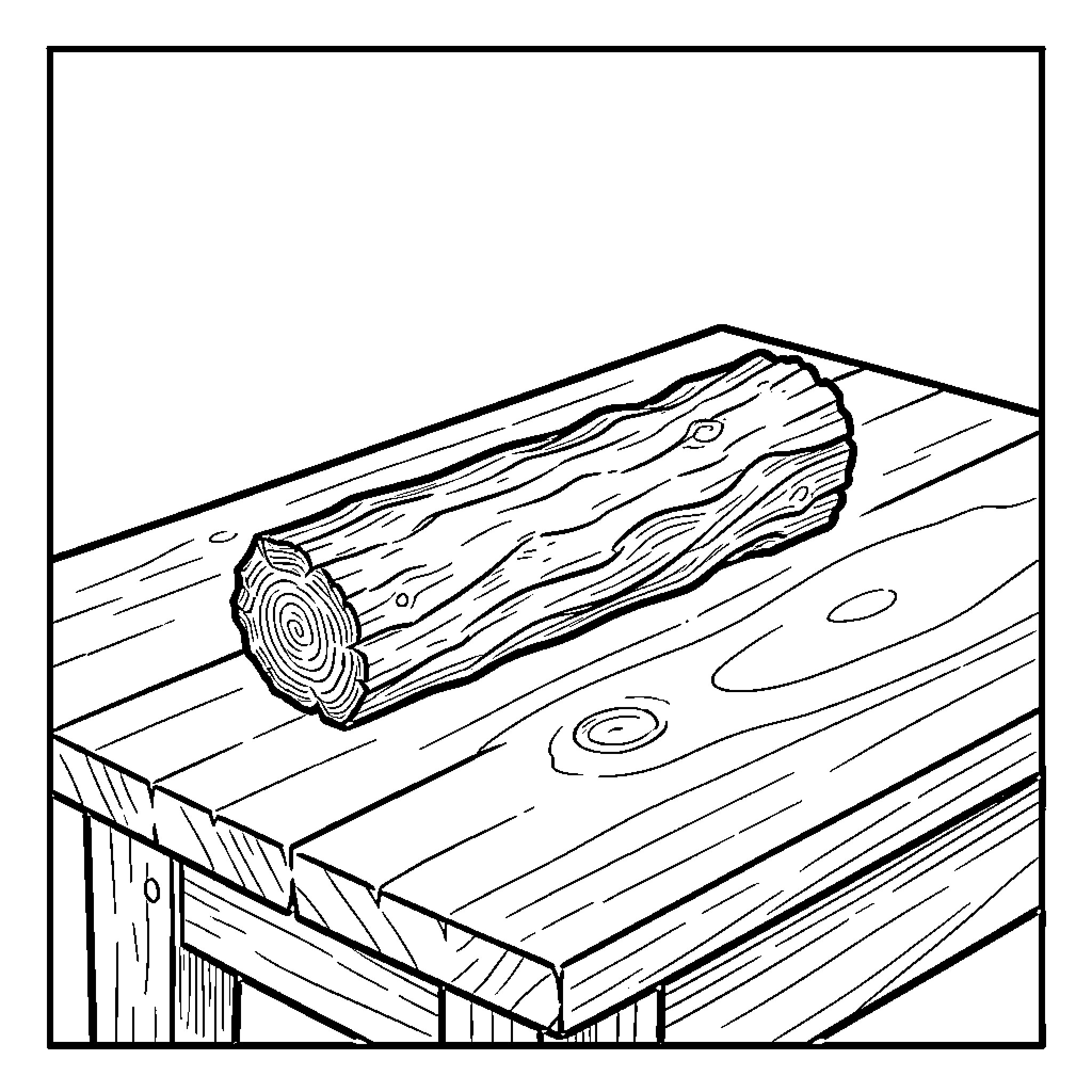 Charcoal sketch of a single log on a wooden table Coloring Page (free black-and-white line drawing printable PDF for all, from beginners to advanced learners, including children, teens, adults, and seniors)