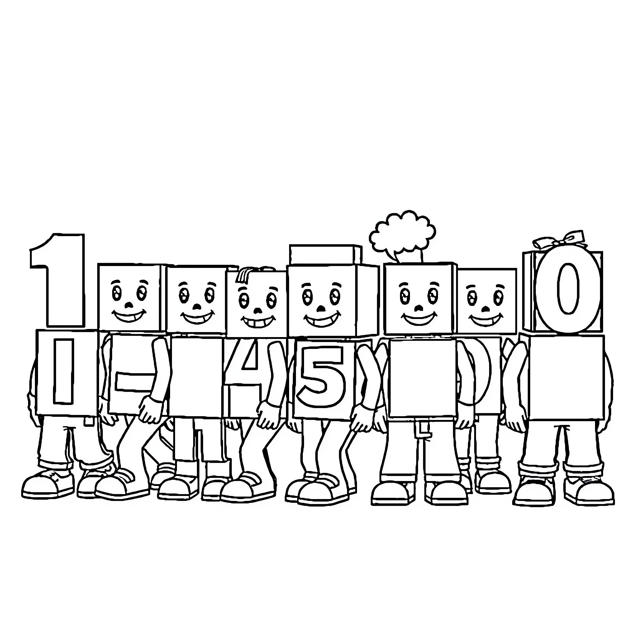 Numberblocks counting and posing together Coloring Page (free black-and-white line drawing printable PDF for all, from beginners to advanced learners, including children, teens, adults, and seniors)