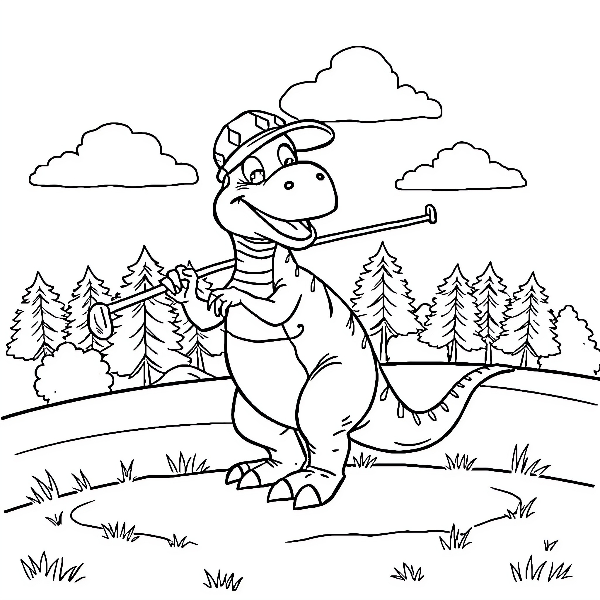 Dinosaur in a Camping Adventure Coloring Page (free black-and-white line drawing printable PDF for all, from beginners to advanced learners, including children, teens, adults, and seniors)