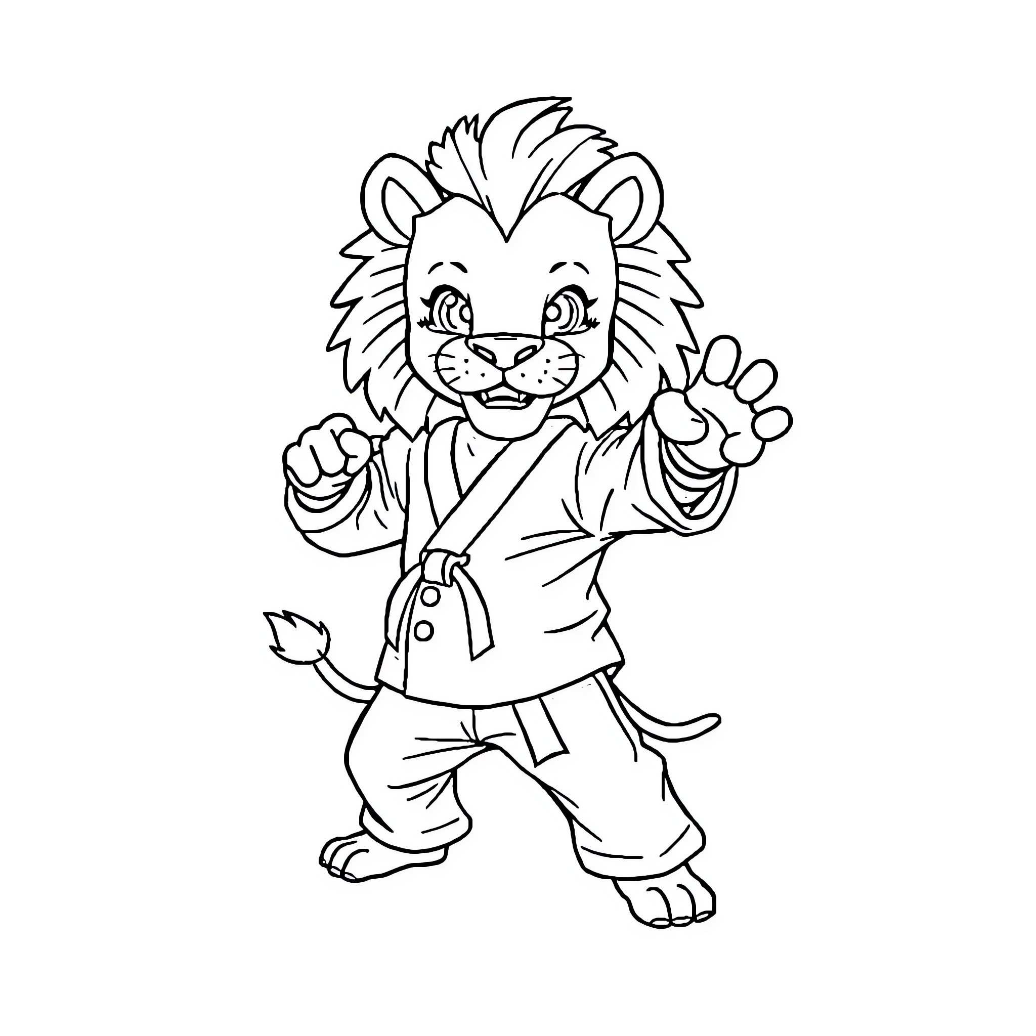 Löwe practicing martial arts in a kimono Coloring Page (free black-and-white line drawing printable PDF for all, from beginners to advanced learners, including children, teens, adults, and seniors)