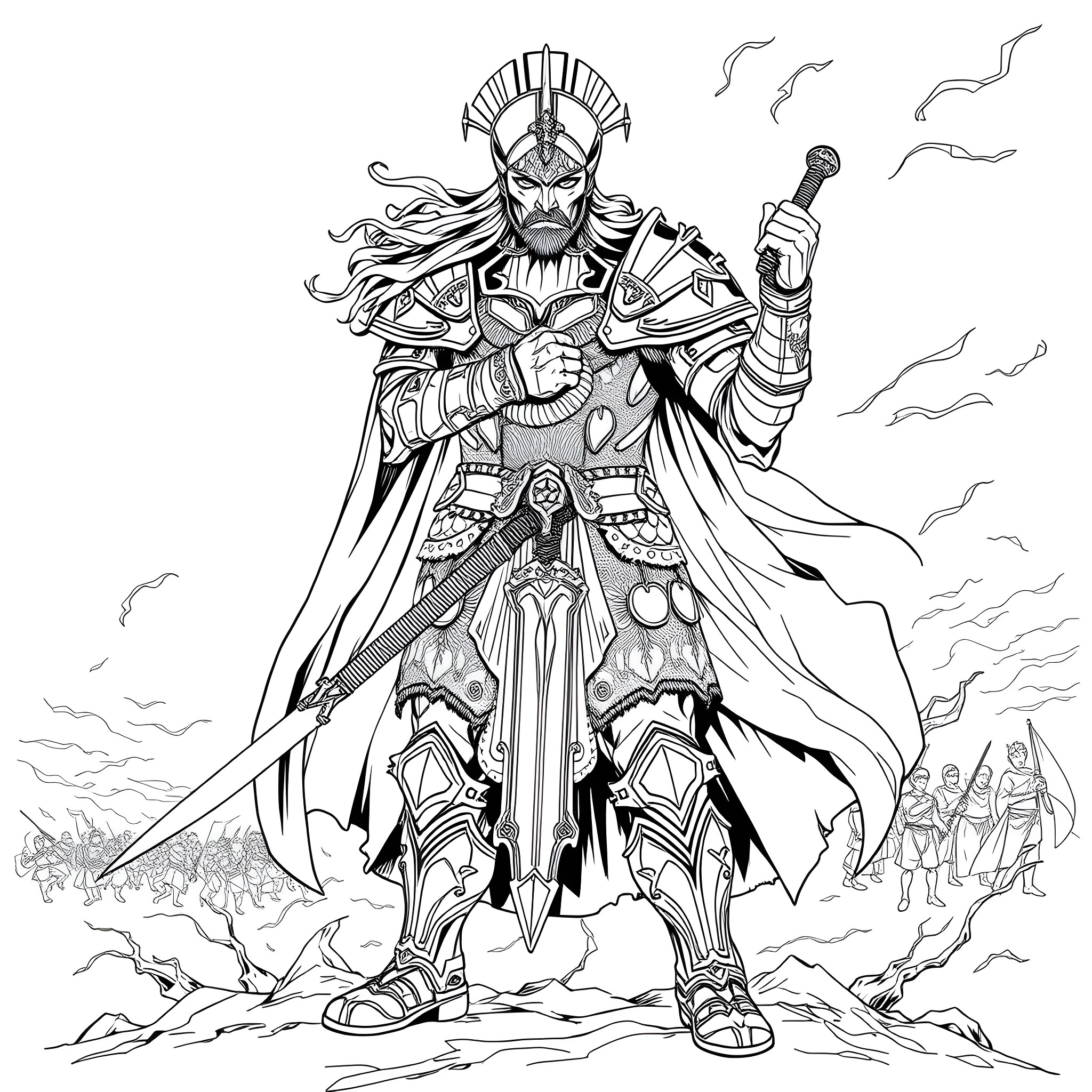 Warrior King Commanding Armored Troops in Battle Coloring Page (free black-and-white line drawing printable PDF for all, from beginners to advanced learners, including children, teens, adults, and seniors)