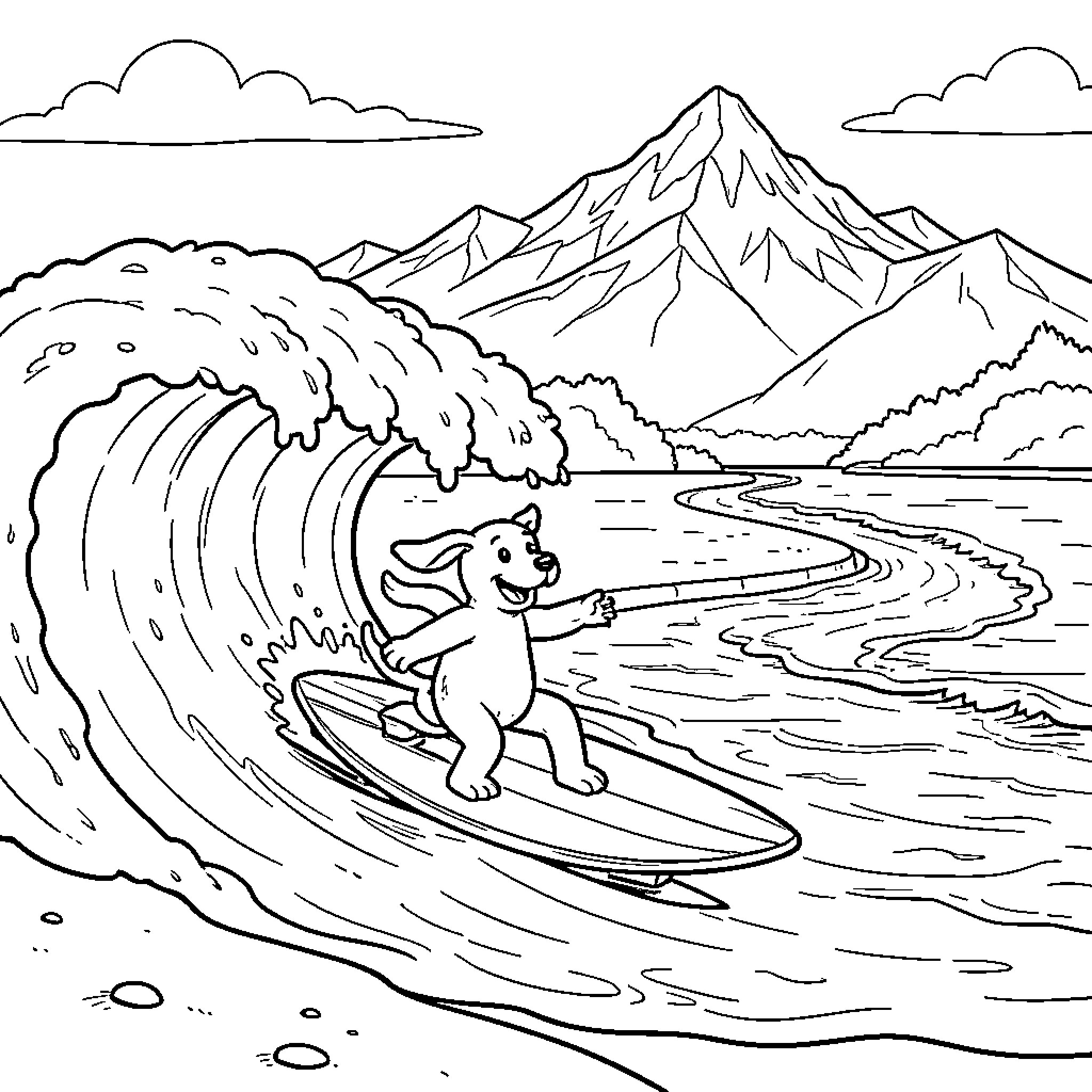 Perro Salchicha surfing the waves in the mountains Coloring Page (free black-and-white line drawing printable PDF for all, from beginners to advanced learners, including children, teens, adults, and seniors)