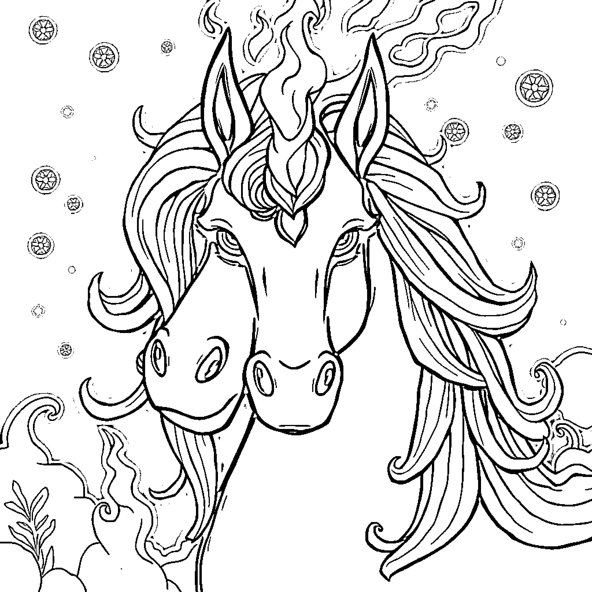 Unicorn with flowing mane and whimsical expressions Coloring Page (free black-and-white line drawing printable PDF for all, from beginners to advanced learners, including children, teens, adults, and seniors)