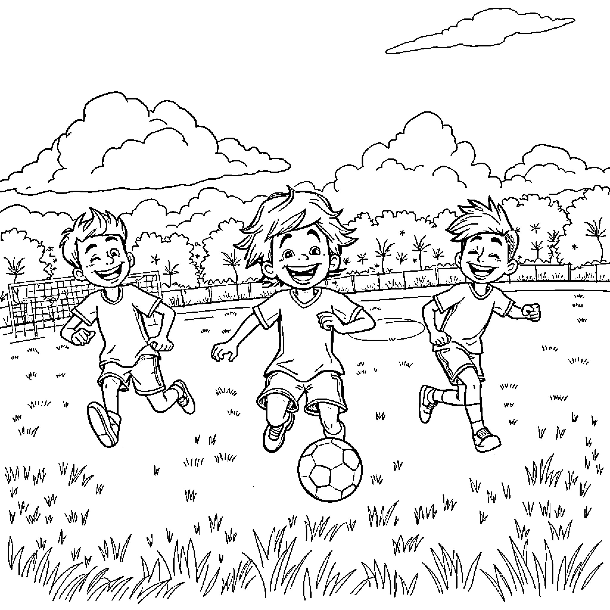 Tintan Children Playing Soccer in the Park Coloring Page (free black-and-white line drawing printable PDF for all, from beginners to advanced learners, including children, teens, adults, and seniors)