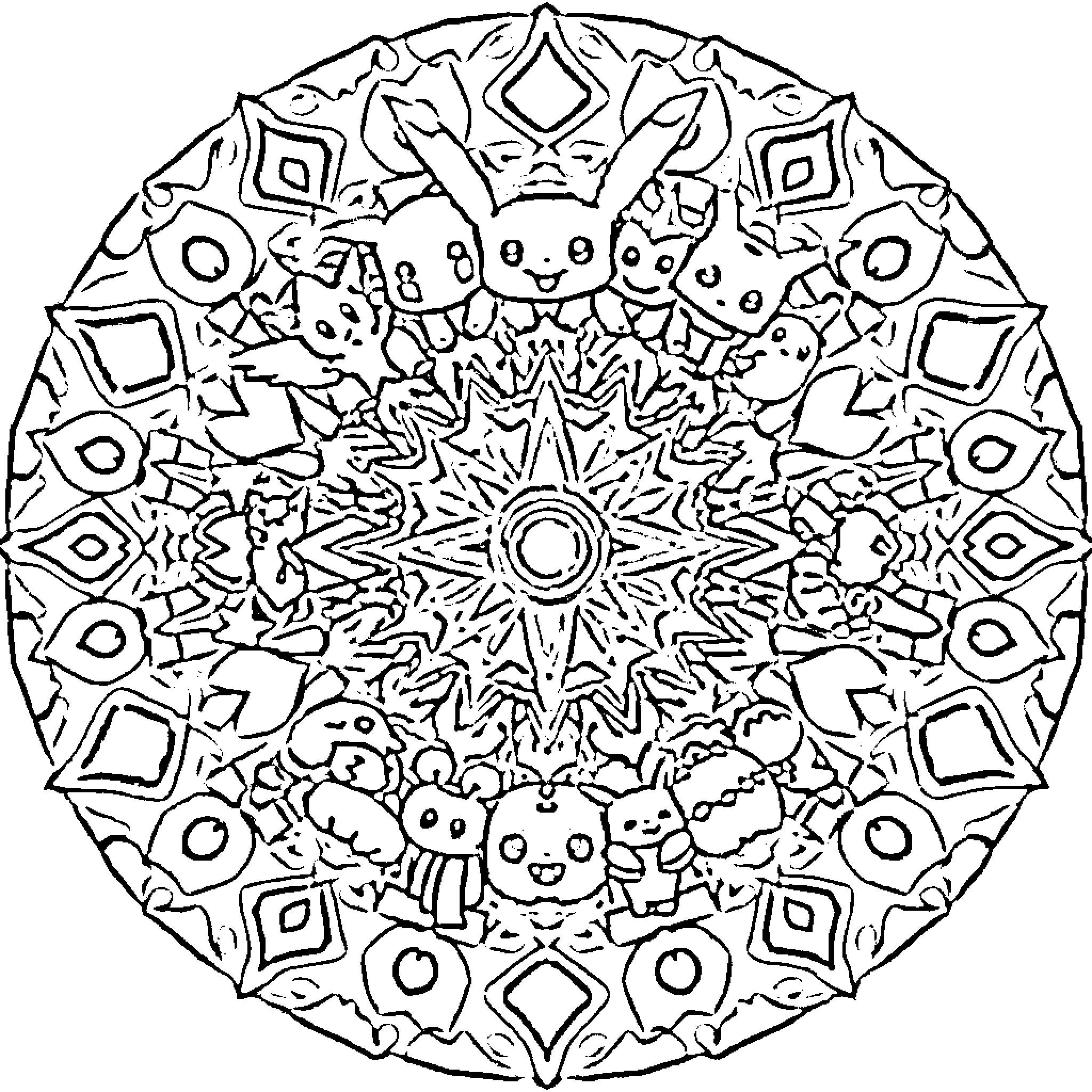 Pokémon Mandala with Cheerful Creatures Coloring Page (free black-and-white line drawing printable PDF for all, from beginners to advanced learners, including children, teens, adults, and seniors)