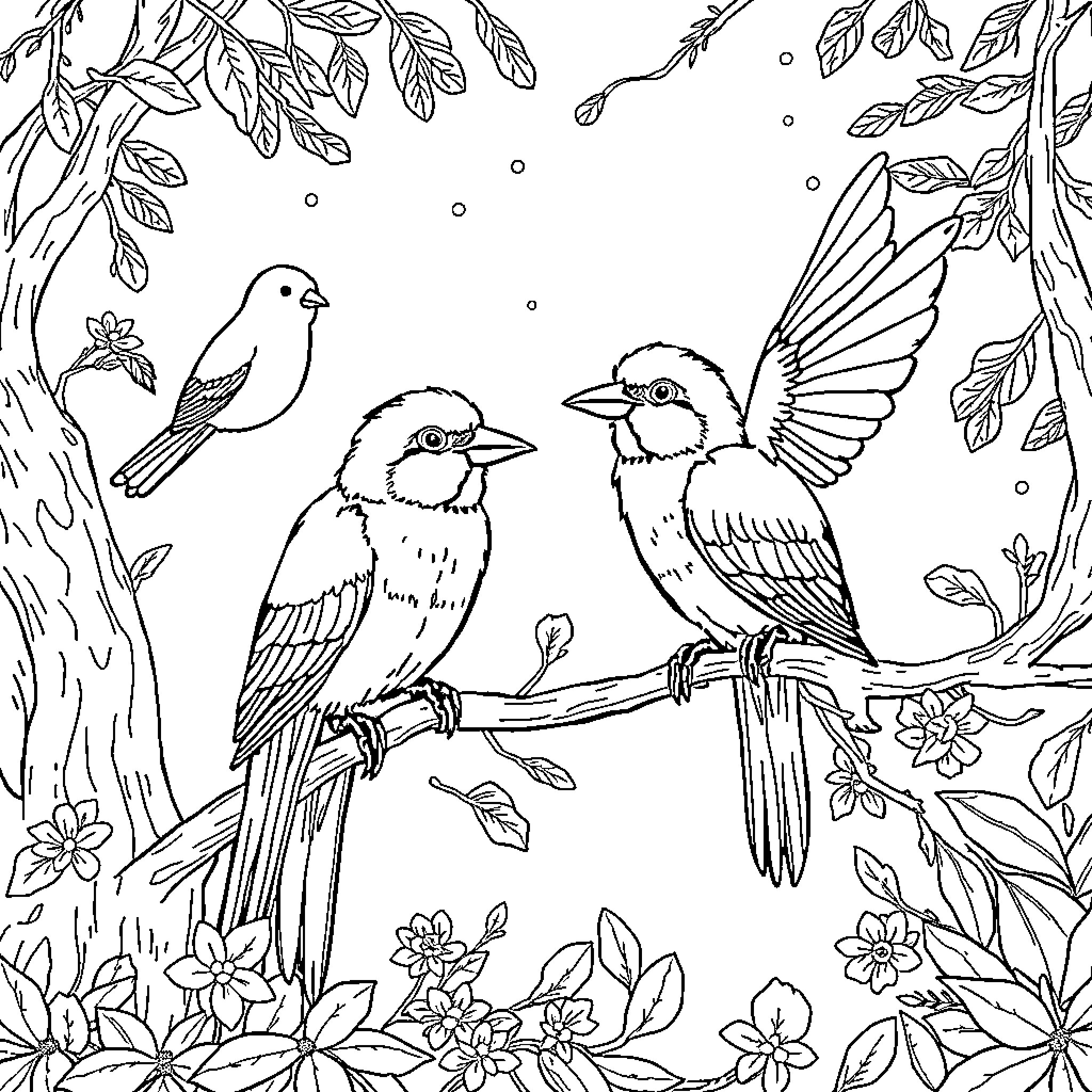 Zoo Birds Perching on Tree Branches with Flowers Coloring Page (free black-and-white line drawing printable PDF for all, from beginners to advanced learners, including children, teens, adults, and seniors)