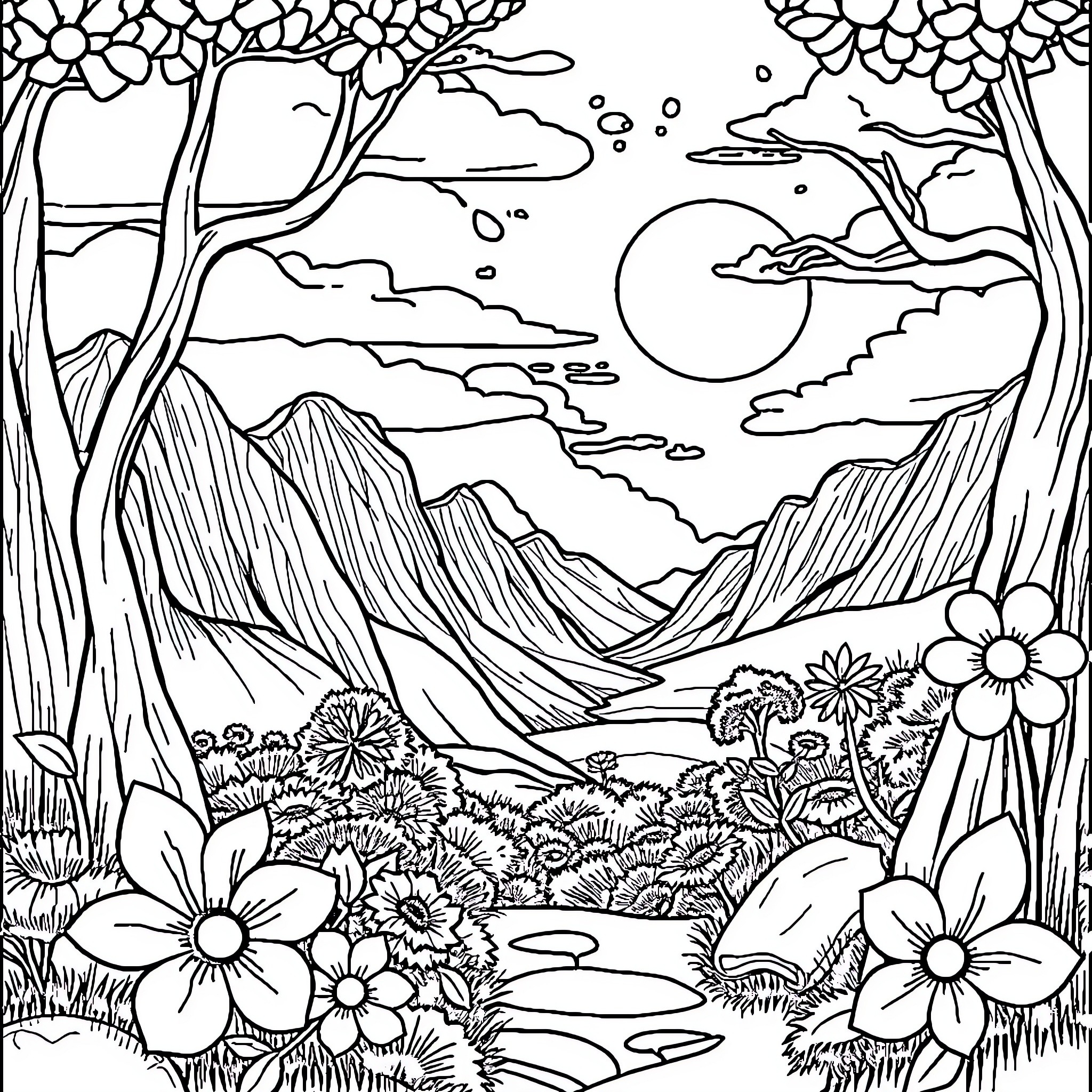 Girl exploring the enchanting forest landscape Coloring Page (free black-and-white line drawing printable PDF for all, from beginners to advanced learners, including children, teens, adults, and seniors)