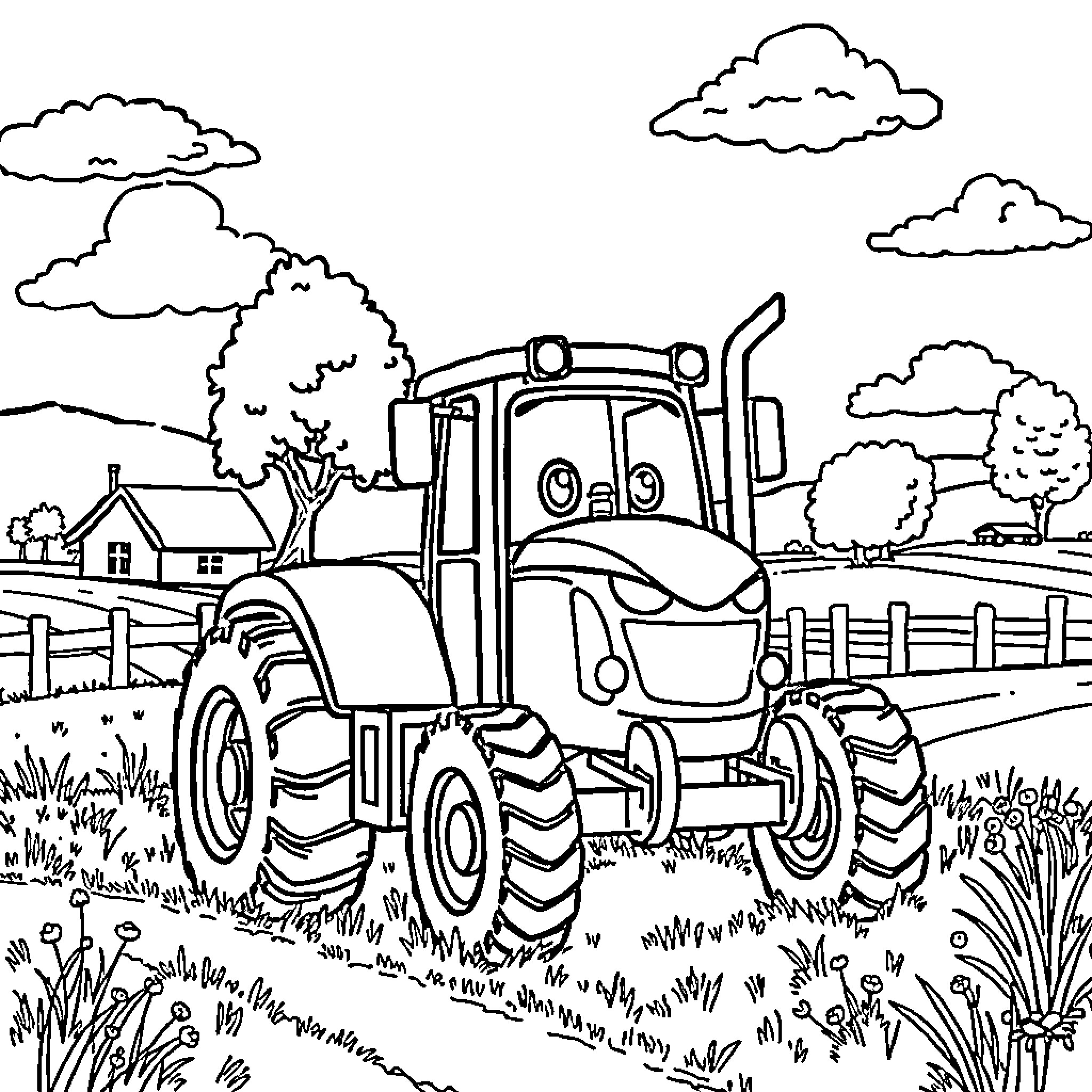Patrouille of farm machinery in rural countryside Coloring Page (free black-and-white line drawing printable PDF for all, from beginners to advanced learners, including children, teens, adults, and seniors)