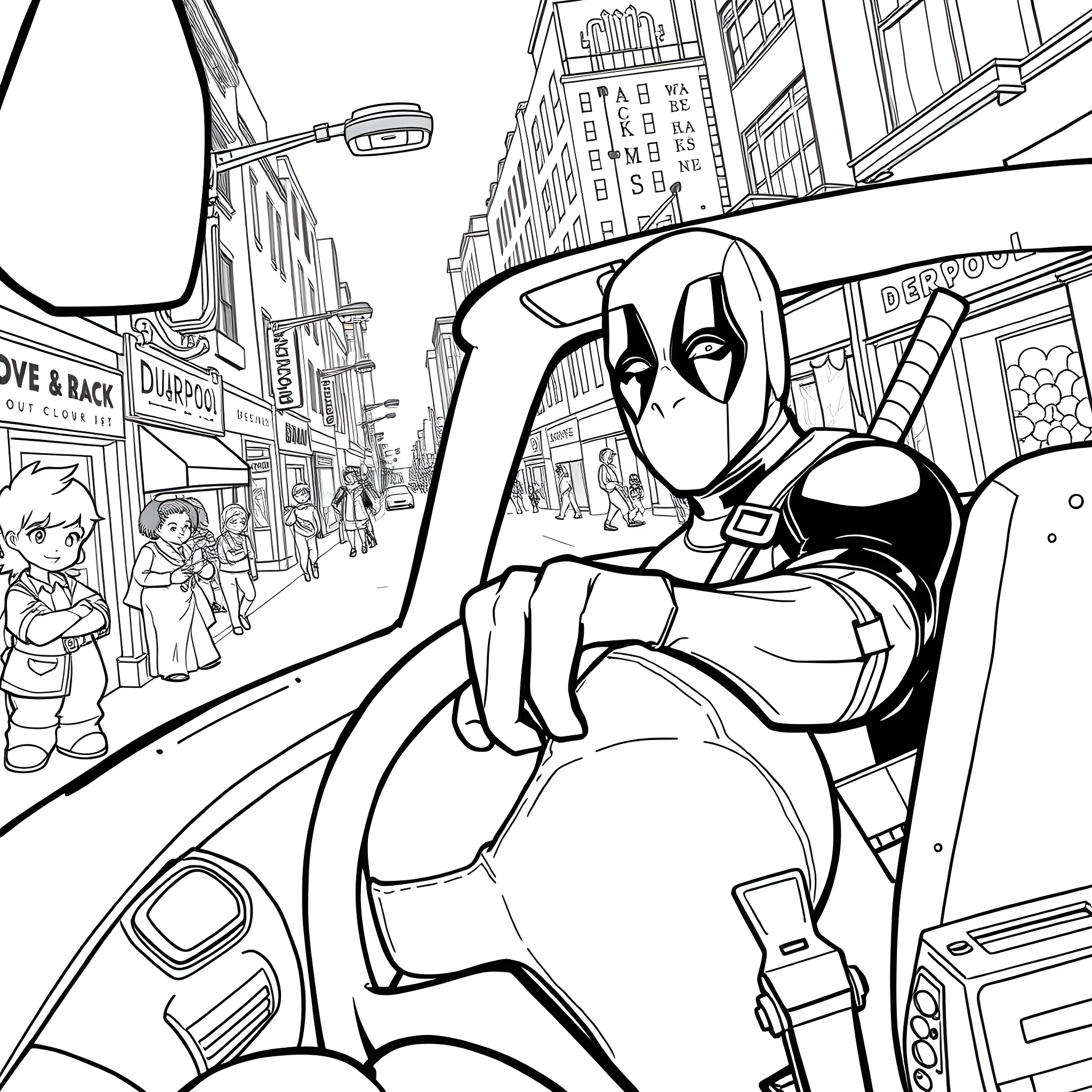 Deadpool taking a ride through the bustling city streets Coloring Page (free black-and-white line drawing printable PDF for all, from beginners to advanced learners, including children, teens, adults, and seniors)