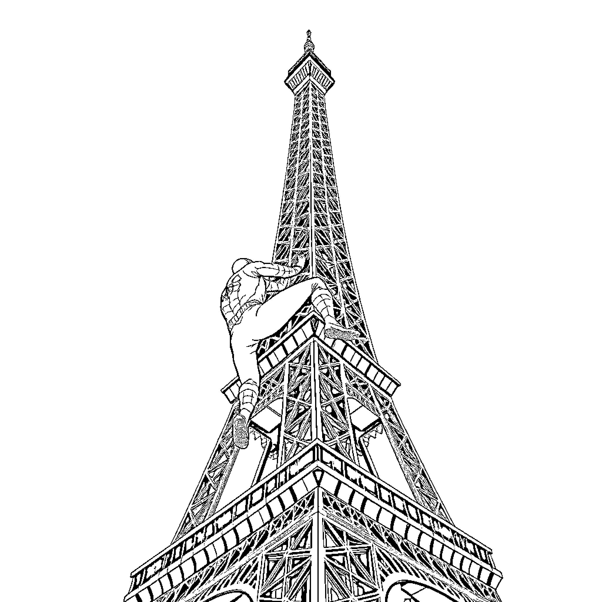 Spiderman climbing the iconic Eiffel Tower Coloring Page (free black-and-white line drawing printable PDF for all, from beginners to advanced learners, including children, teens, adults, and seniors)