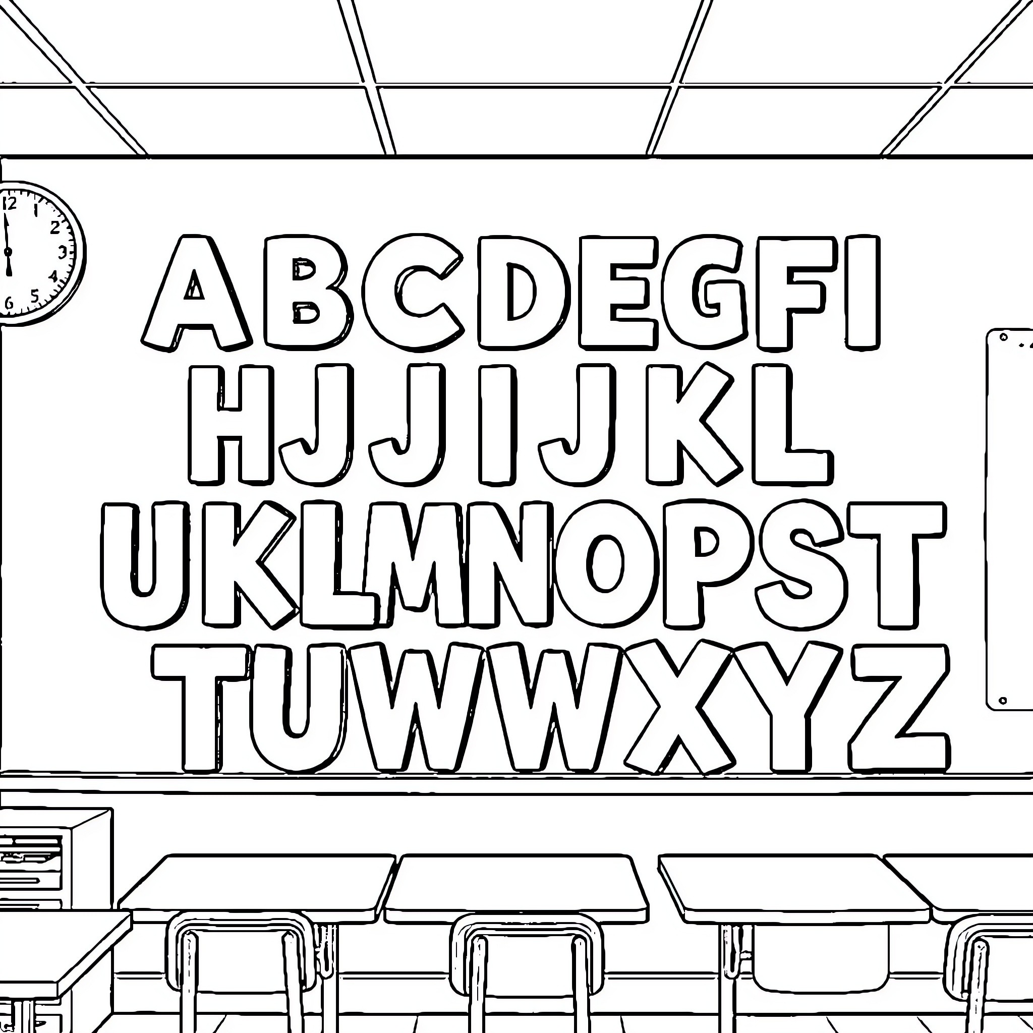 Alphabet of Classroom Learning Tools Coloring Page (free black-and-white line drawing printable PDF for all, from beginners to advanced learners, including children, teens, adults, and seniors)