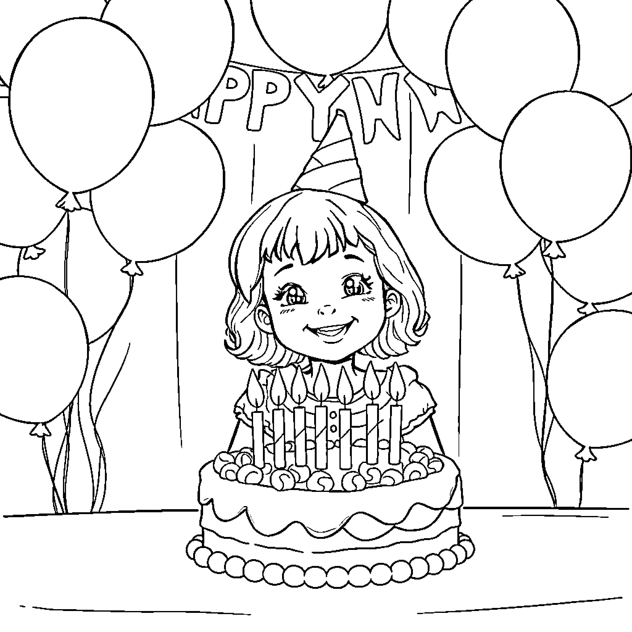 Granddaughter celebrates birthday with cake and balloons Coloring Page (free black-and-white line drawing printable PDF for all, from beginners to advanced learners, including children, teens, adults, and seniors)