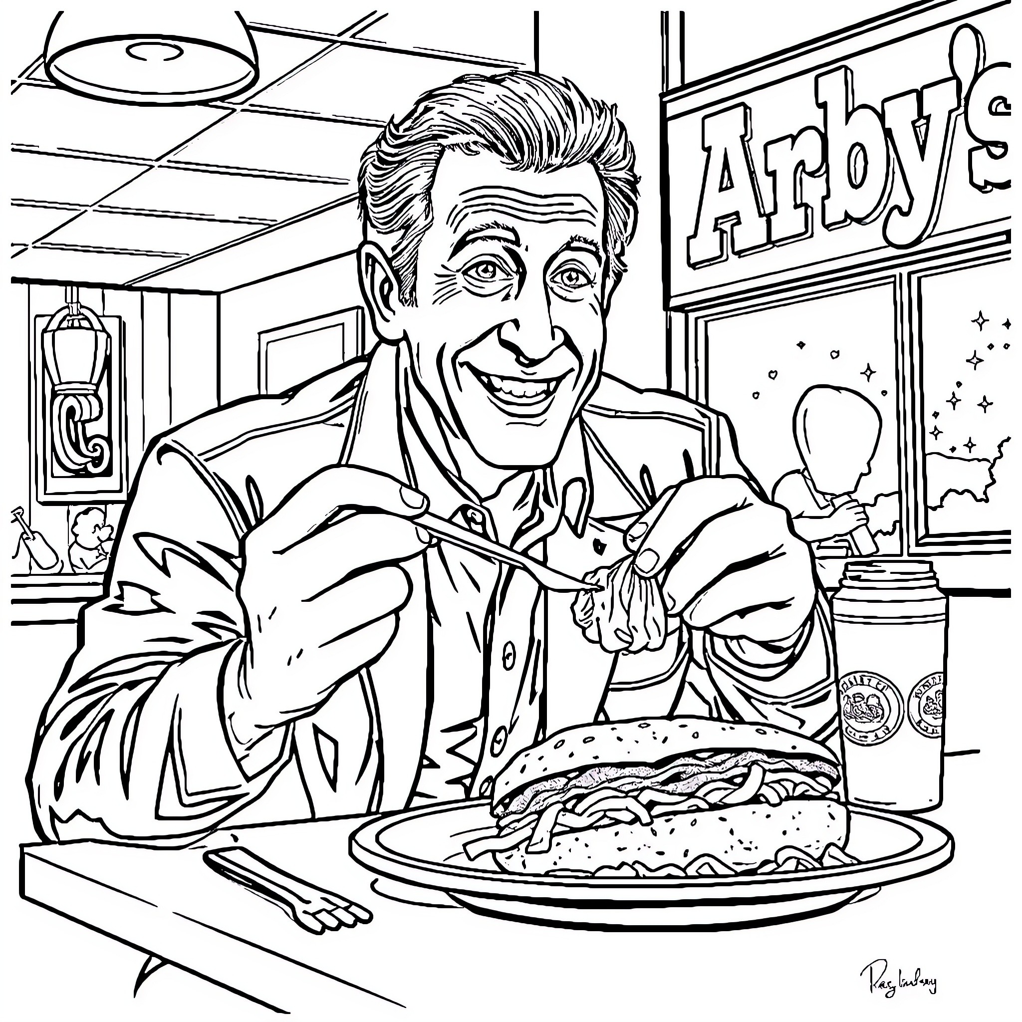 Tony Danza enjoys a classic meal at the diner Coloring Page (free black-and-white line drawing printable PDF for all, from beginners to advanced learners, including children, teens, adults, and seniors)