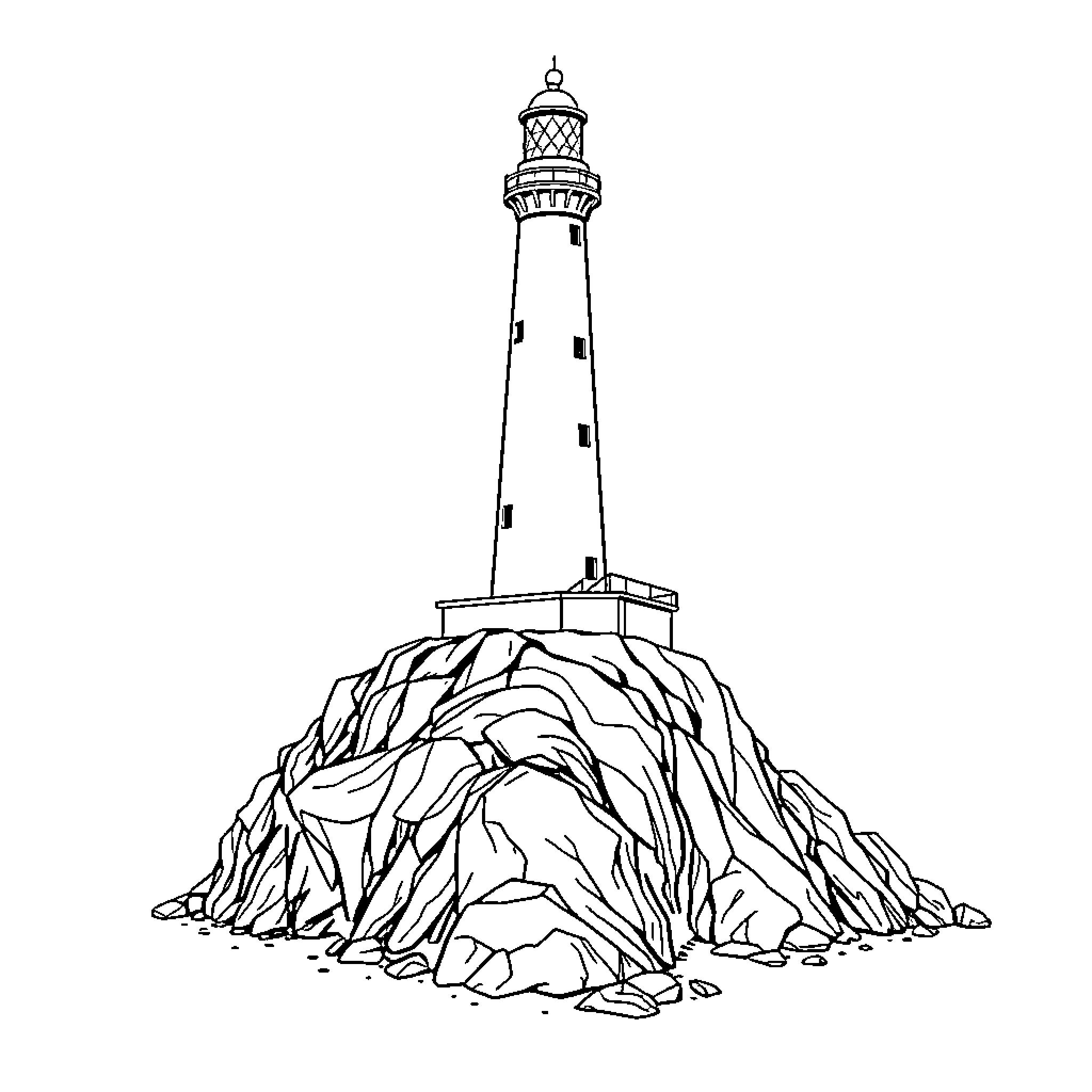 Lighthouse on a rocky outcrop Coloring Page (free black-and-white line drawing printable PDF for all, from beginners to advanced learners, including children, teens, adults, and seniors)