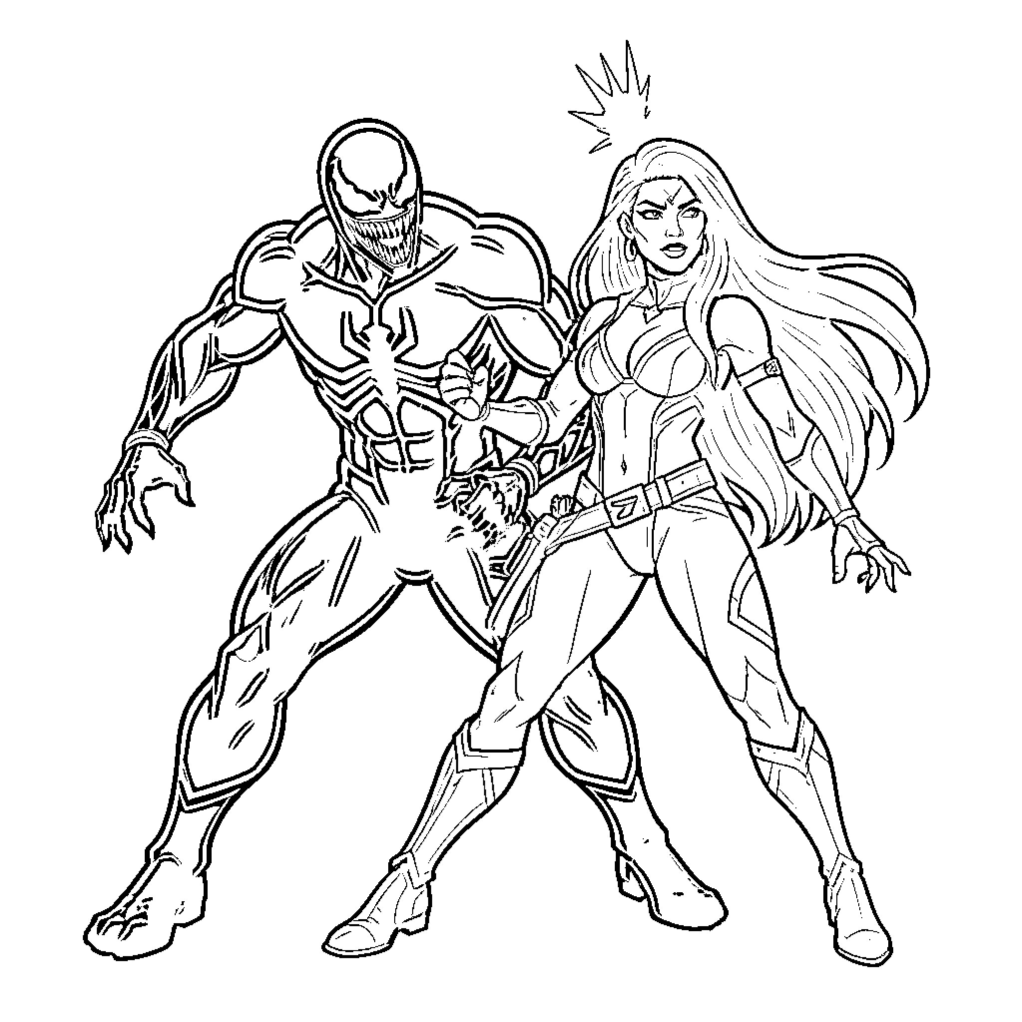 Venom and Powerful Heroine in Action Coloring Page (free black-and-white line drawing printable PDF for all, from beginners to advanced learners, including children, teens, adults, and seniors)