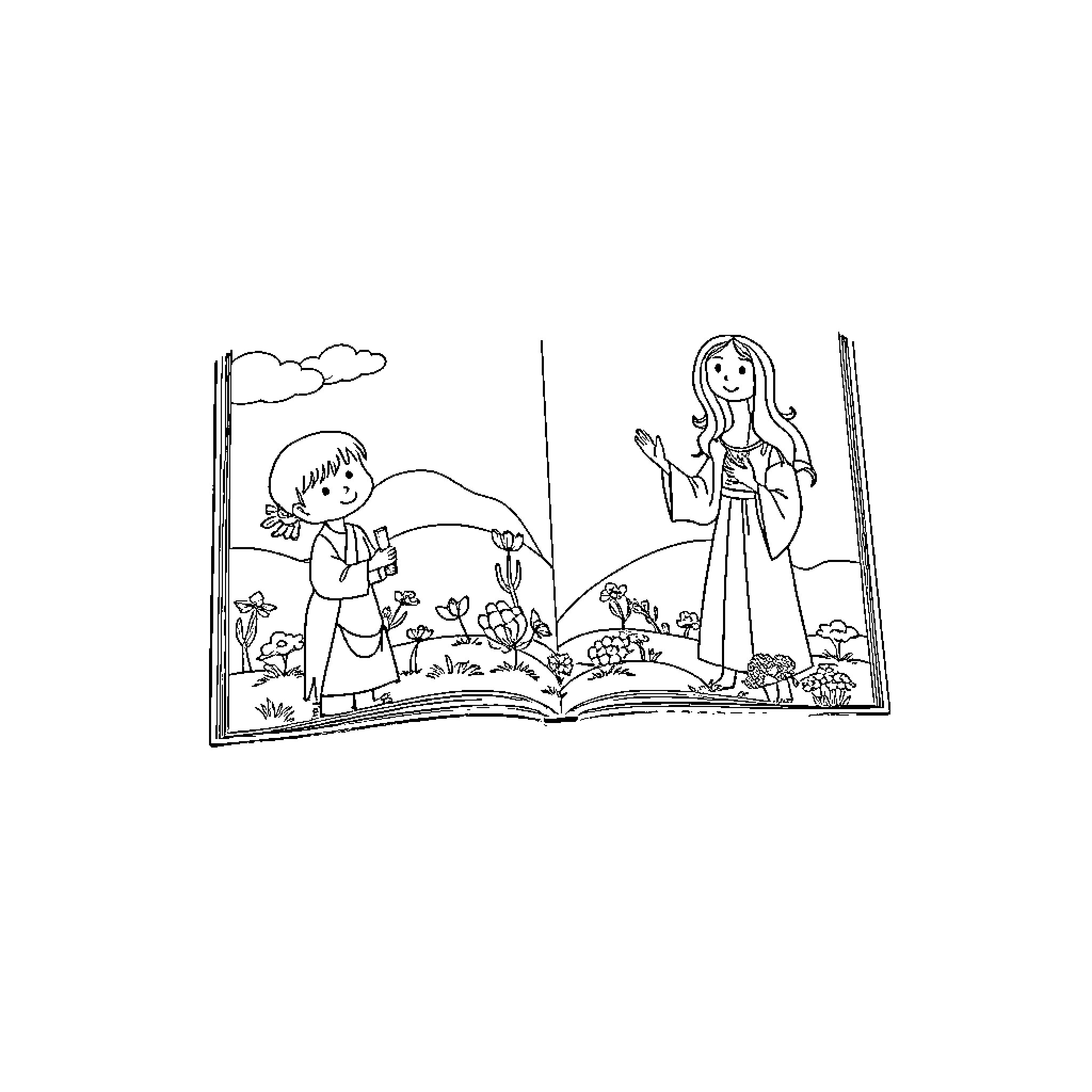 Faith in the Storybook World Coloring Page (free black-and-white line drawing printable PDF for all, from beginners to advanced learners, including children, teens, adults, and seniors)