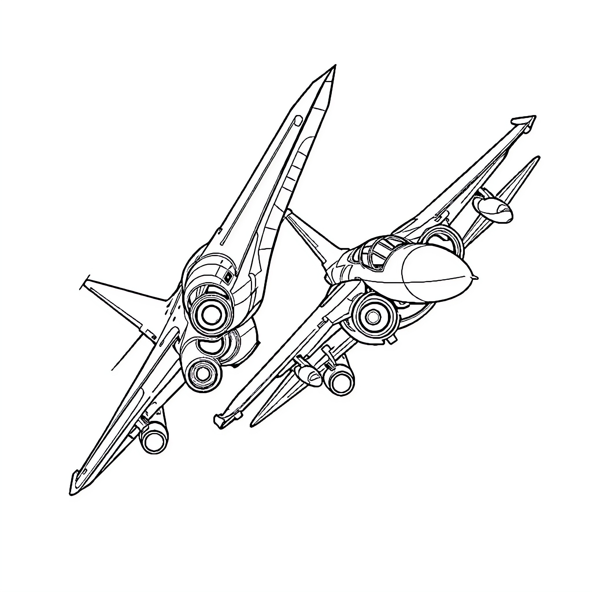 Fighter Jets Engaged in Aerial Maneuvers Coloring Page (free black-and-white line drawing printable PDF for all, from beginners to advanced learners, including children, teens, adults, and seniors)