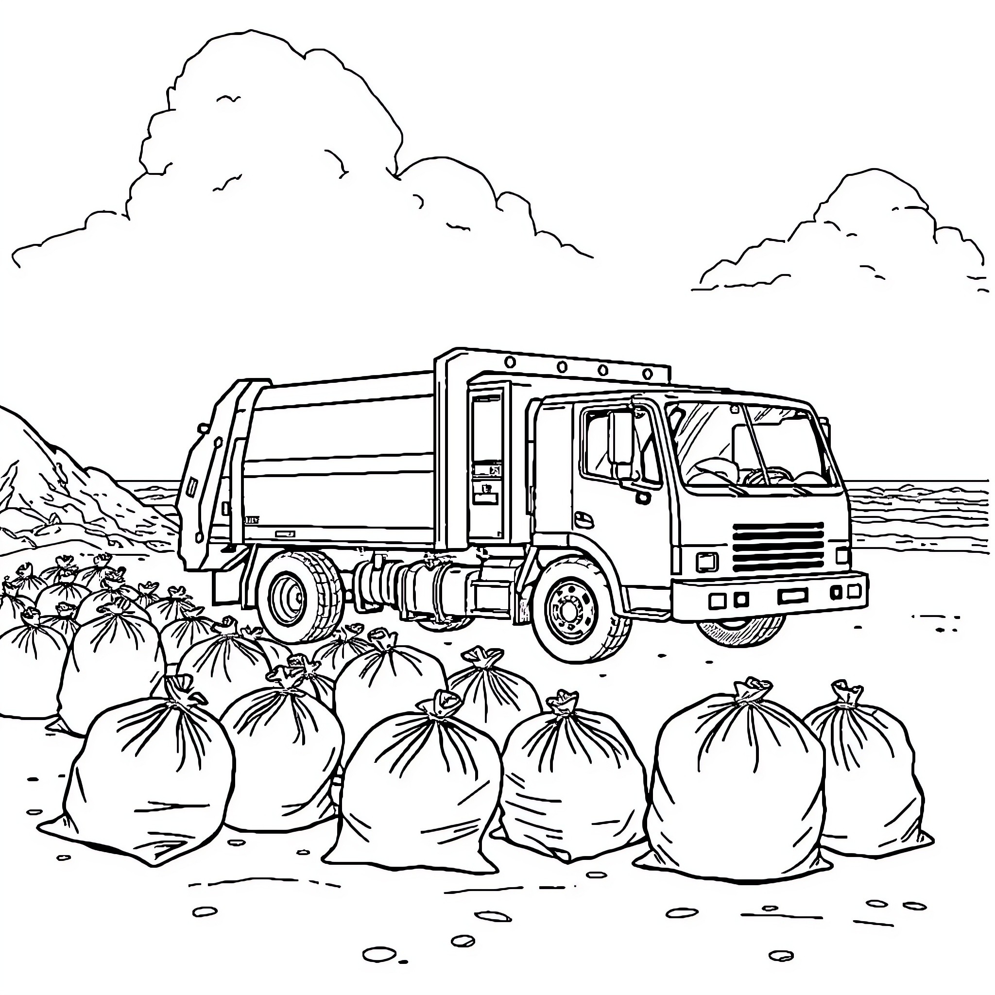 Sanitation Truck Collecting Trash Bags on Beach Coloring Page (free black-and-white line drawing printable PDF for all, from beginners to advanced learners, including children, teens, adults, and seniors)