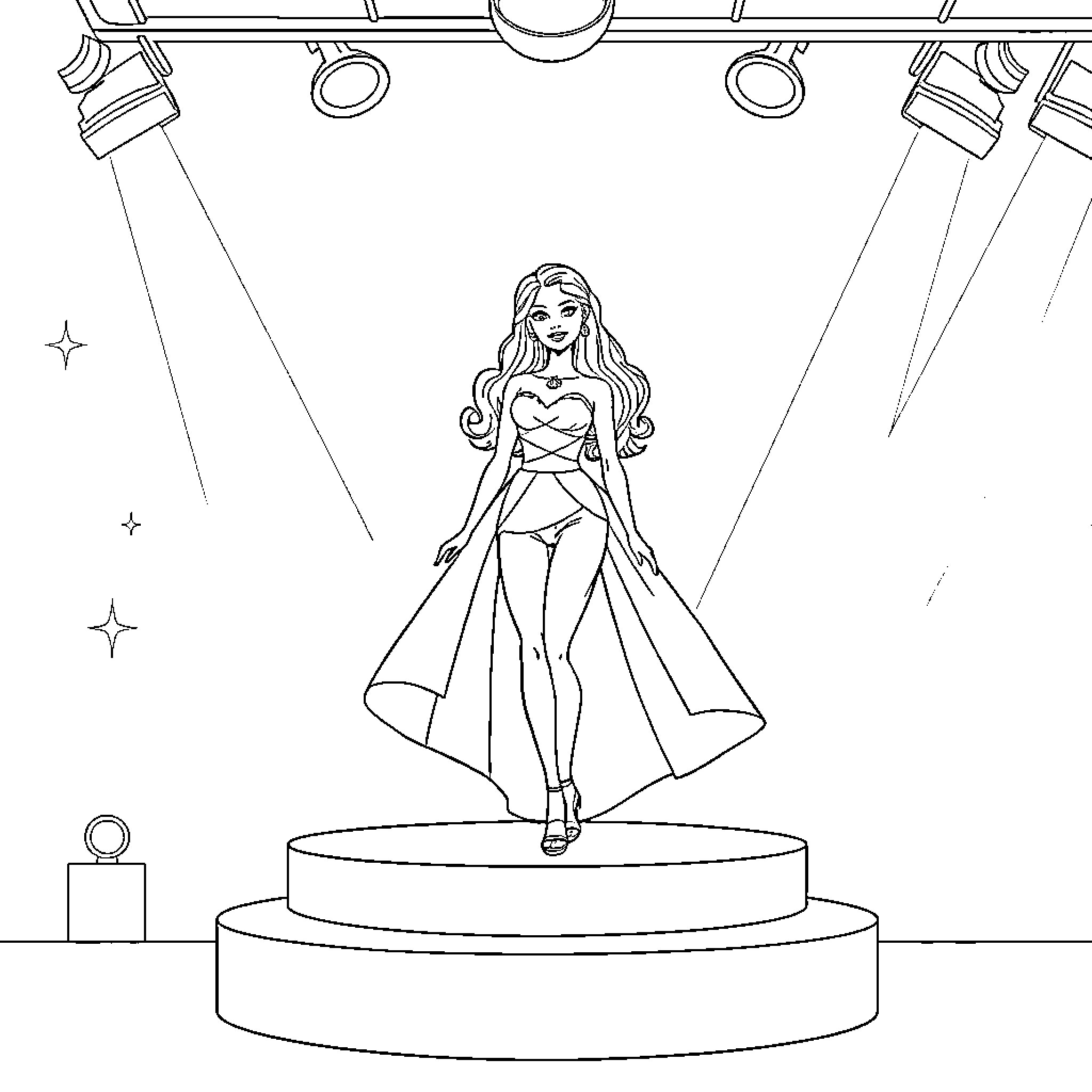 Barbie doll performing on stage Coloring Page (free black-and-white line drawing printable PDF for all, from beginners to advanced learners, including children, teens, adults, and seniors)
