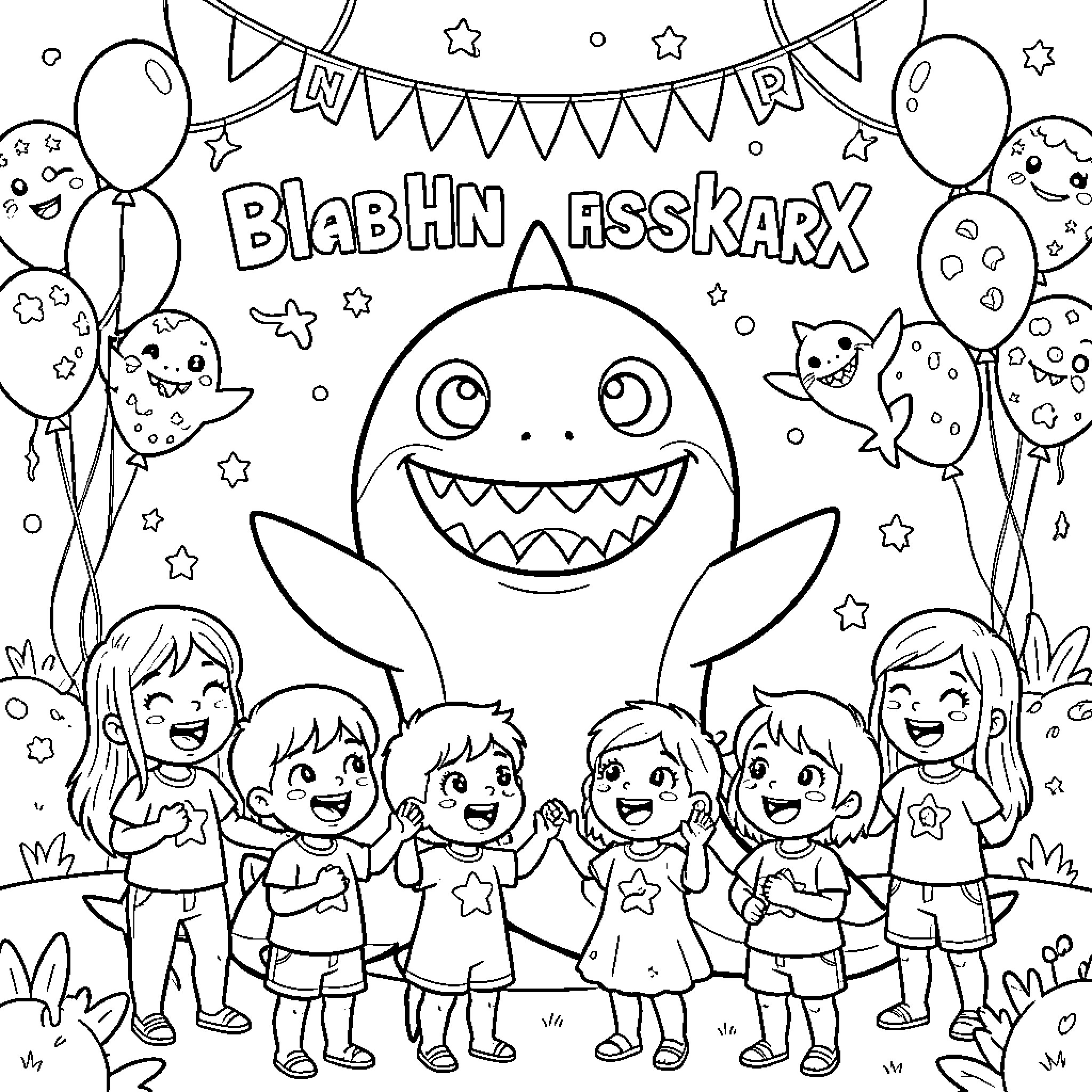 Baby Shark smiling with a group of happy children Coloring Page (free black-and-white line drawing printable PDF for all, from beginners to advanced learners, including children, teens, adults, and seniors)