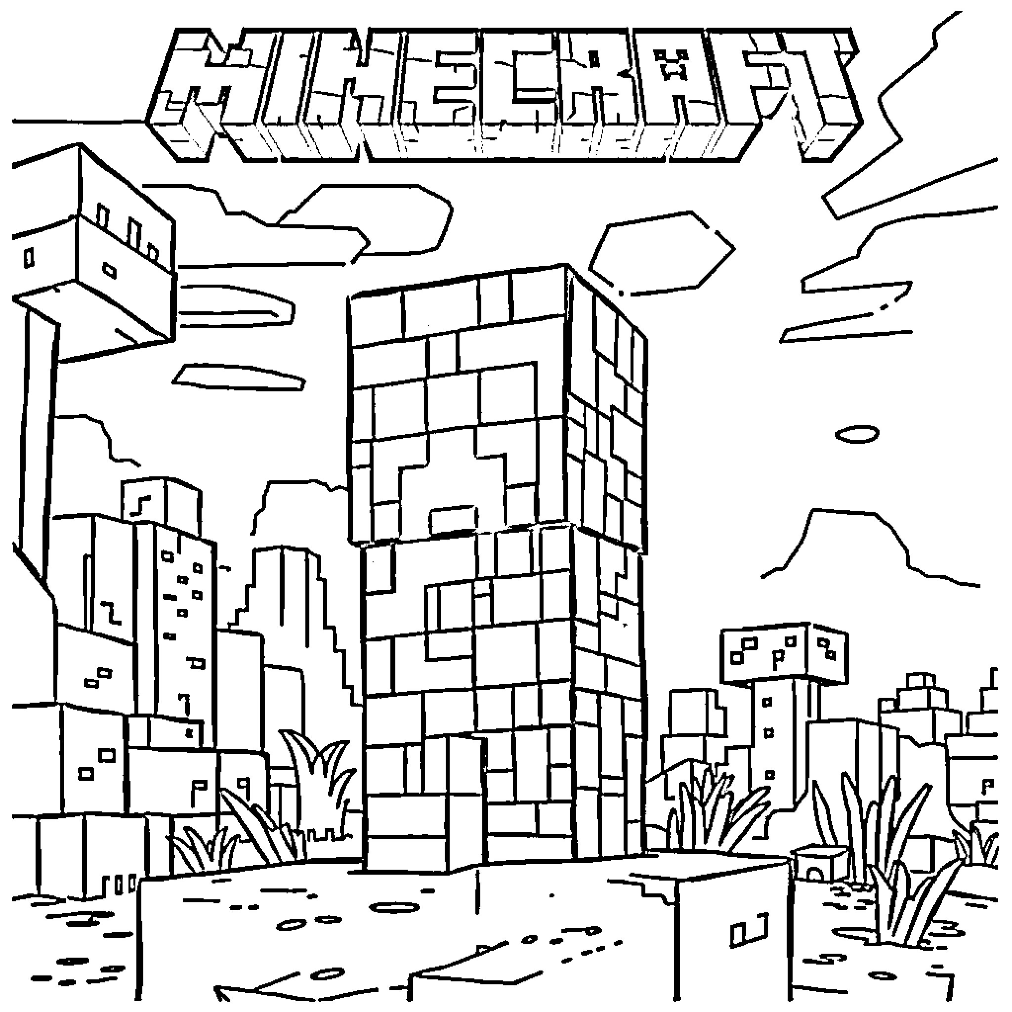 Creeper exploring the blocky city landscape Coloring Page (free black-and-white line drawing printable PDF for all, from beginners to advanced learners, including children, teens, adults, and seniors)