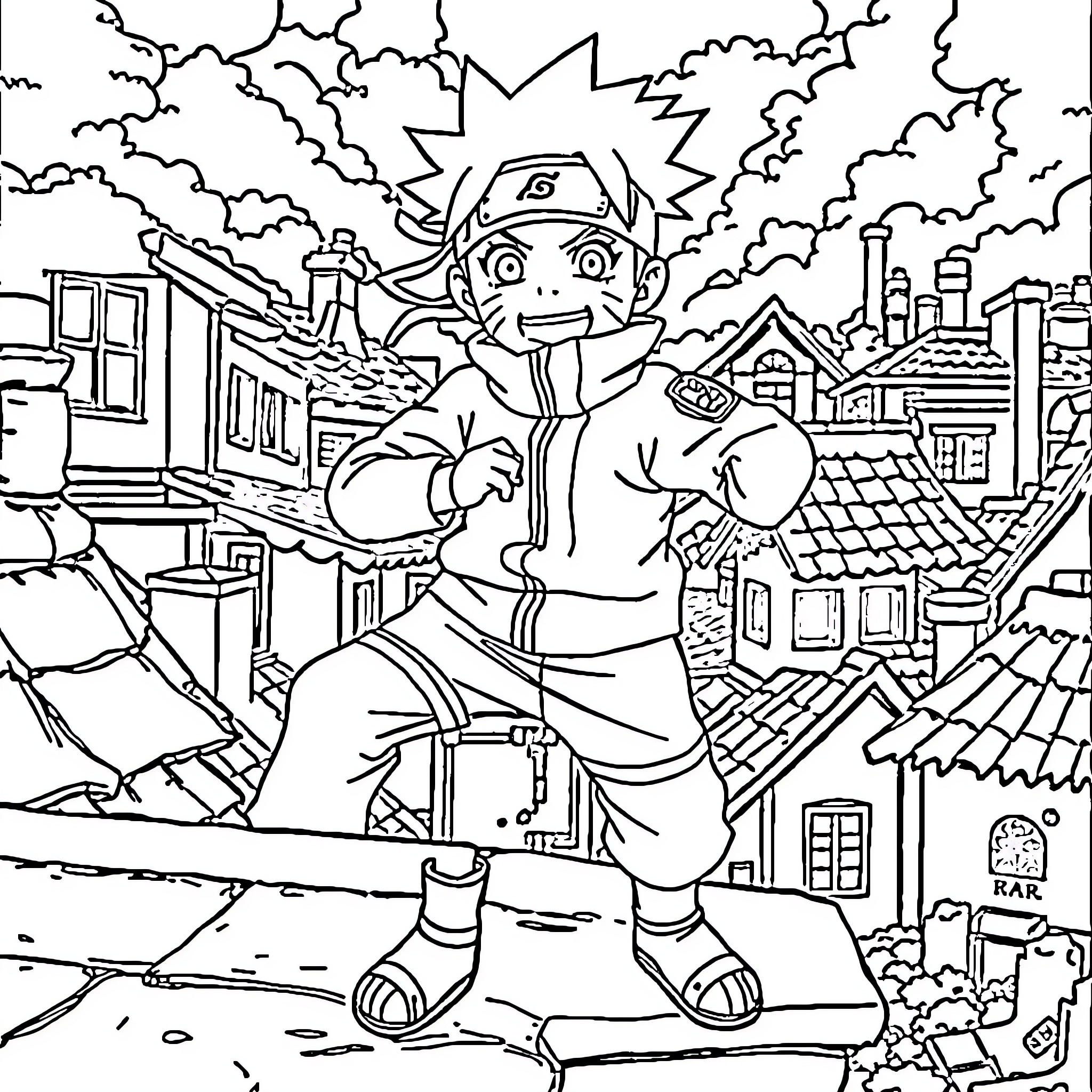 Naruto running through the village with excitement Coloring Page (free black-and-white line drawing printable PDF for all, from beginners to advanced learners, including children, teens, adults, and seniors)