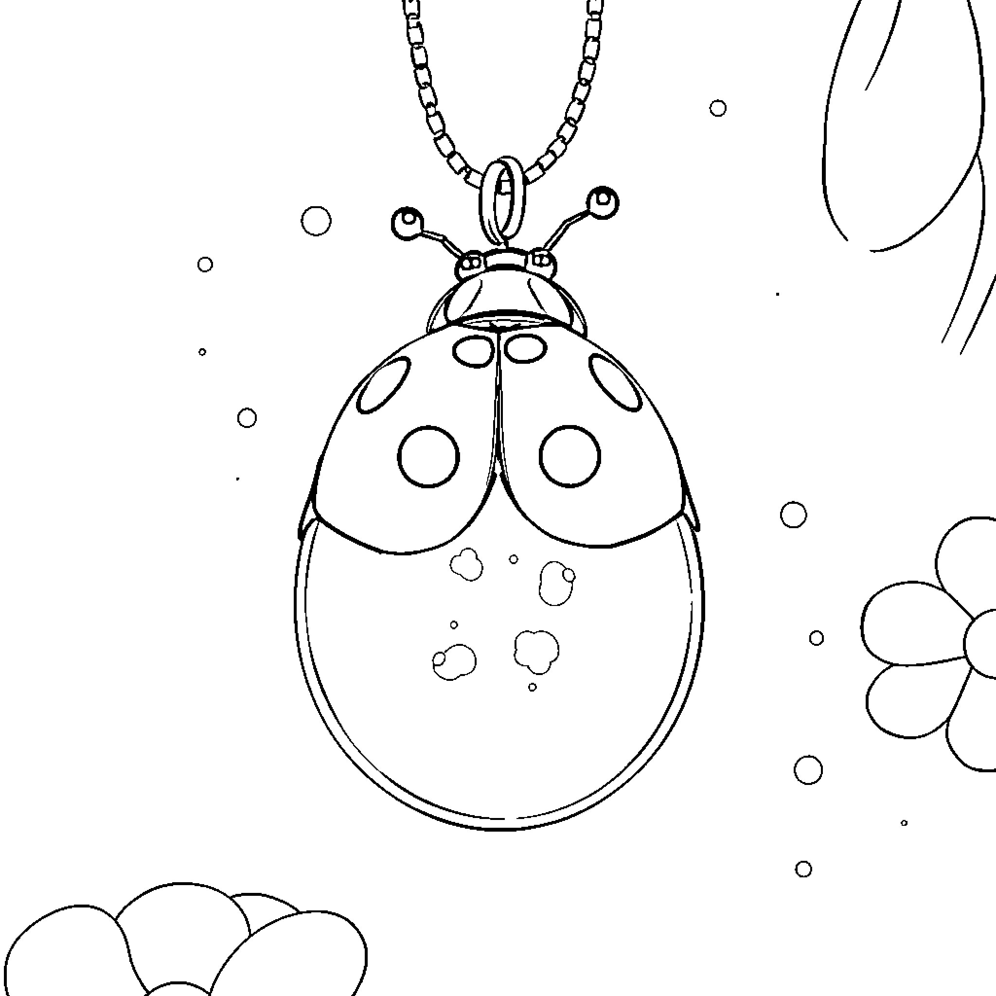Ladybug necklace pendant floating in bubbles Coloring Page (free black-and-white line drawing printable PDF for all, from beginners to advanced learners, including children, teens, adults, and seniors)