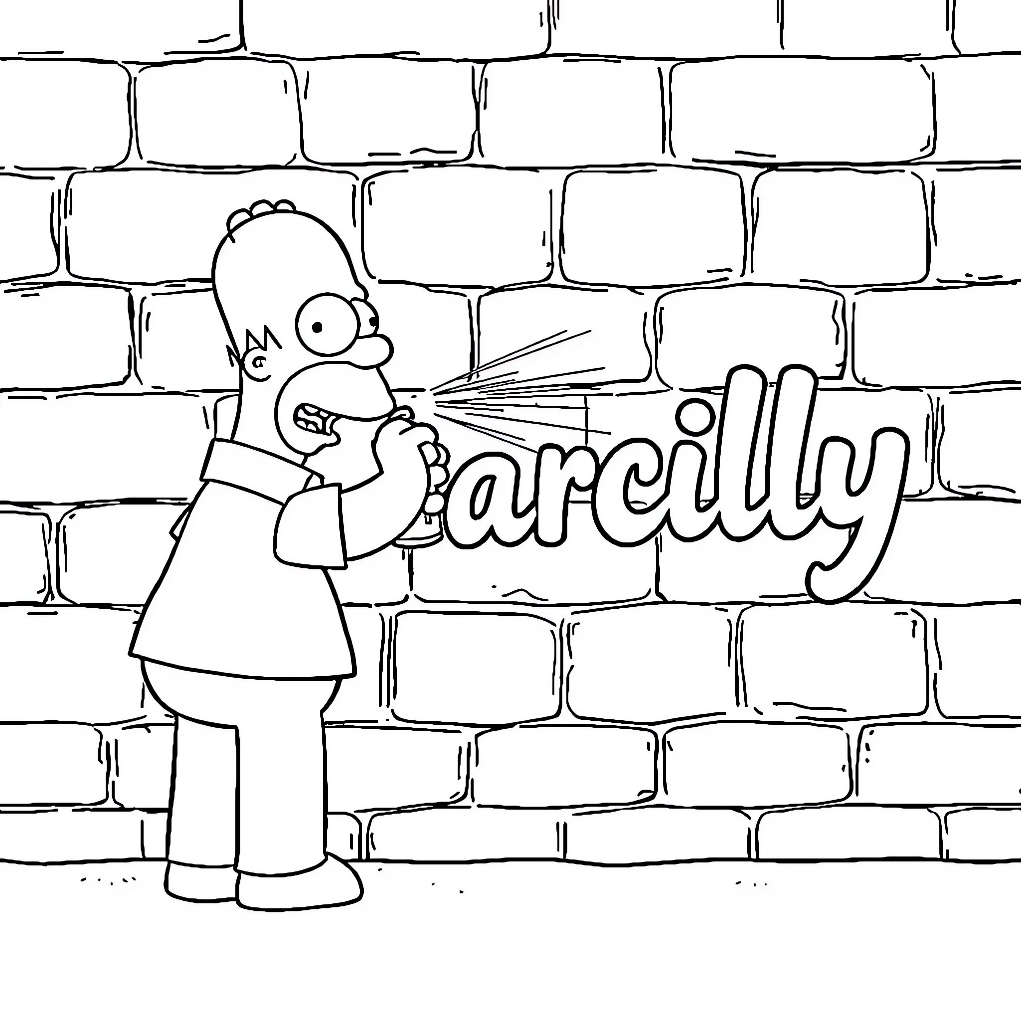 Homer Simpson graffitying the wall Coloring Page (free black-and-white line drawing printable PDF for all, from beginners to advanced learners, including children, teens, adults, and seniors)