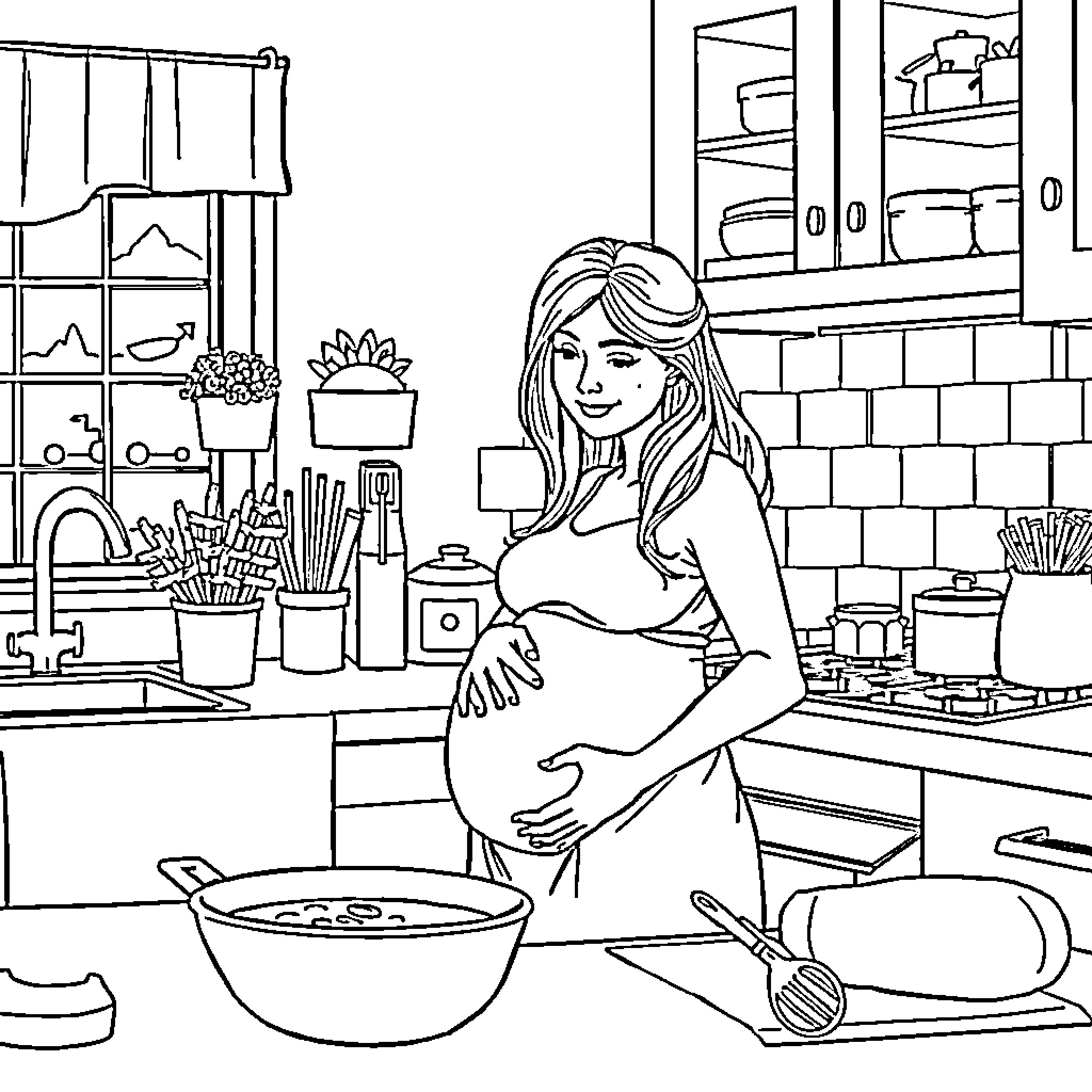 Wife prepares a meal in the kitchen Coloring Page (free black-and-white line drawing printable PDF for all, from beginners to advanced learners, including children, teens, adults, and seniors)