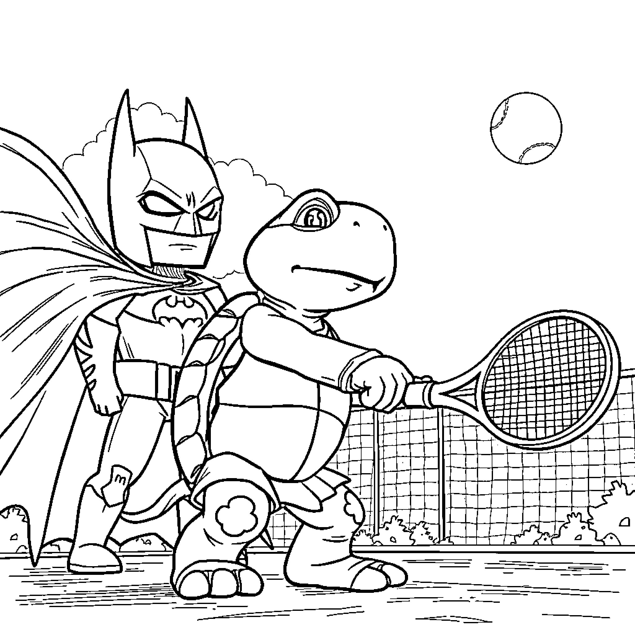 Turtle hero and his sidekick playing tennis Coloring Page (free black-and-white line drawing printable PDF for all, from beginners to advanced learners, including children, teens, adults, and seniors)