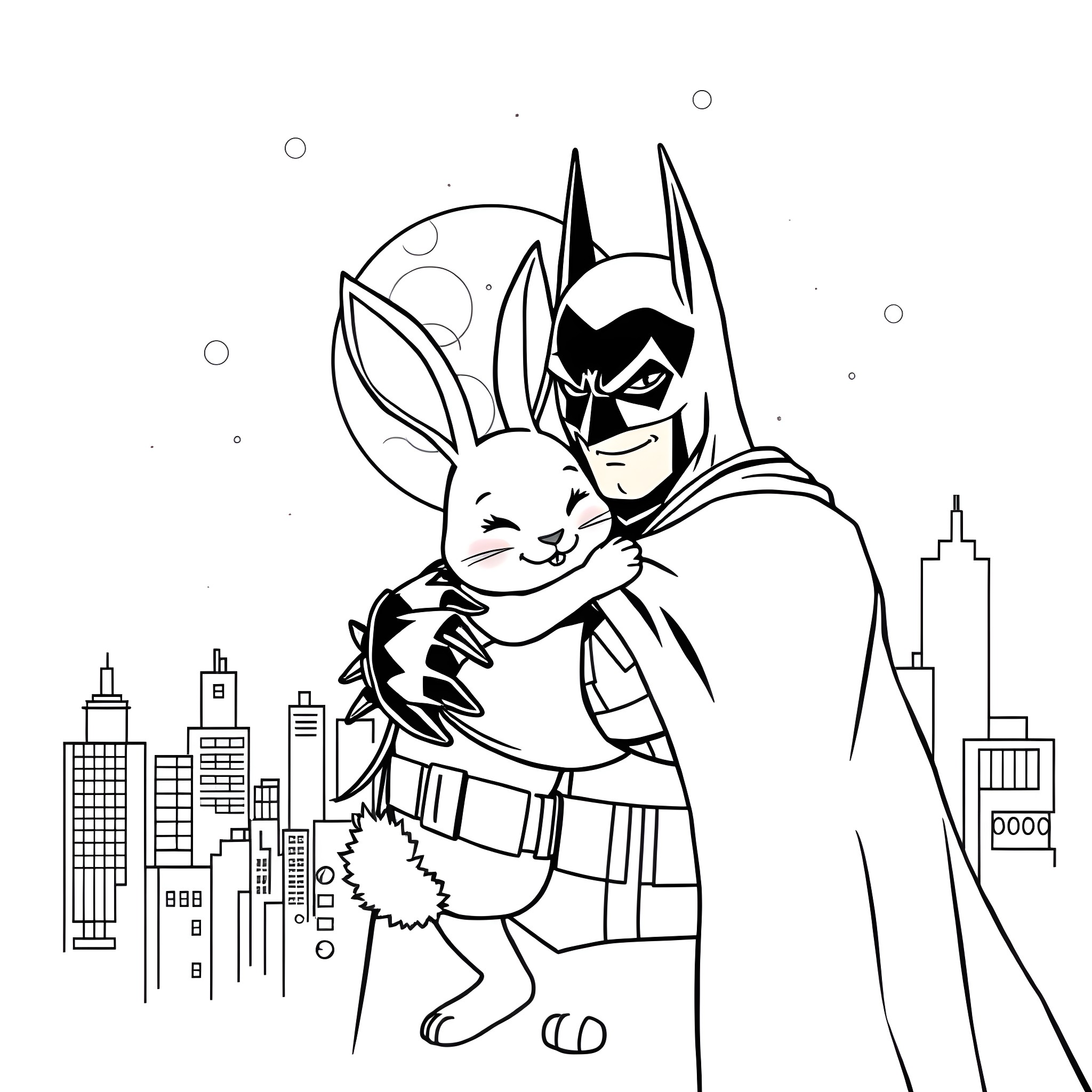 Rabbit hero protects the city Coloring Page (free black-and-white line drawing printable PDF for all, from beginners to advanced learners, including children, teens, adults, and seniors)