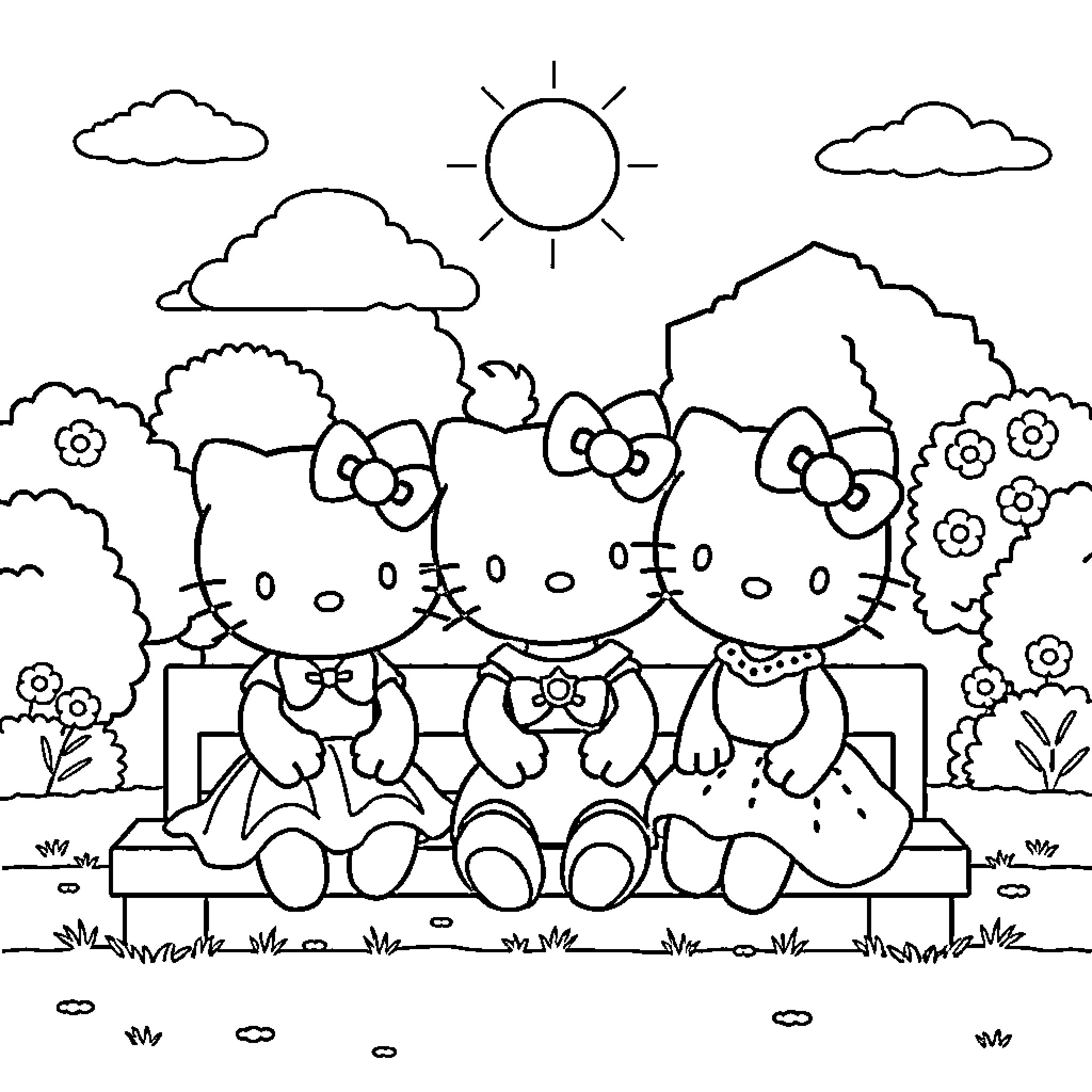 Hello Kitty friends enjoying a sunny day outdoors Coloring Page (free black-and-white line drawing printable PDF for all, from beginners to advanced learners, including children, teens, adults, and seniors)