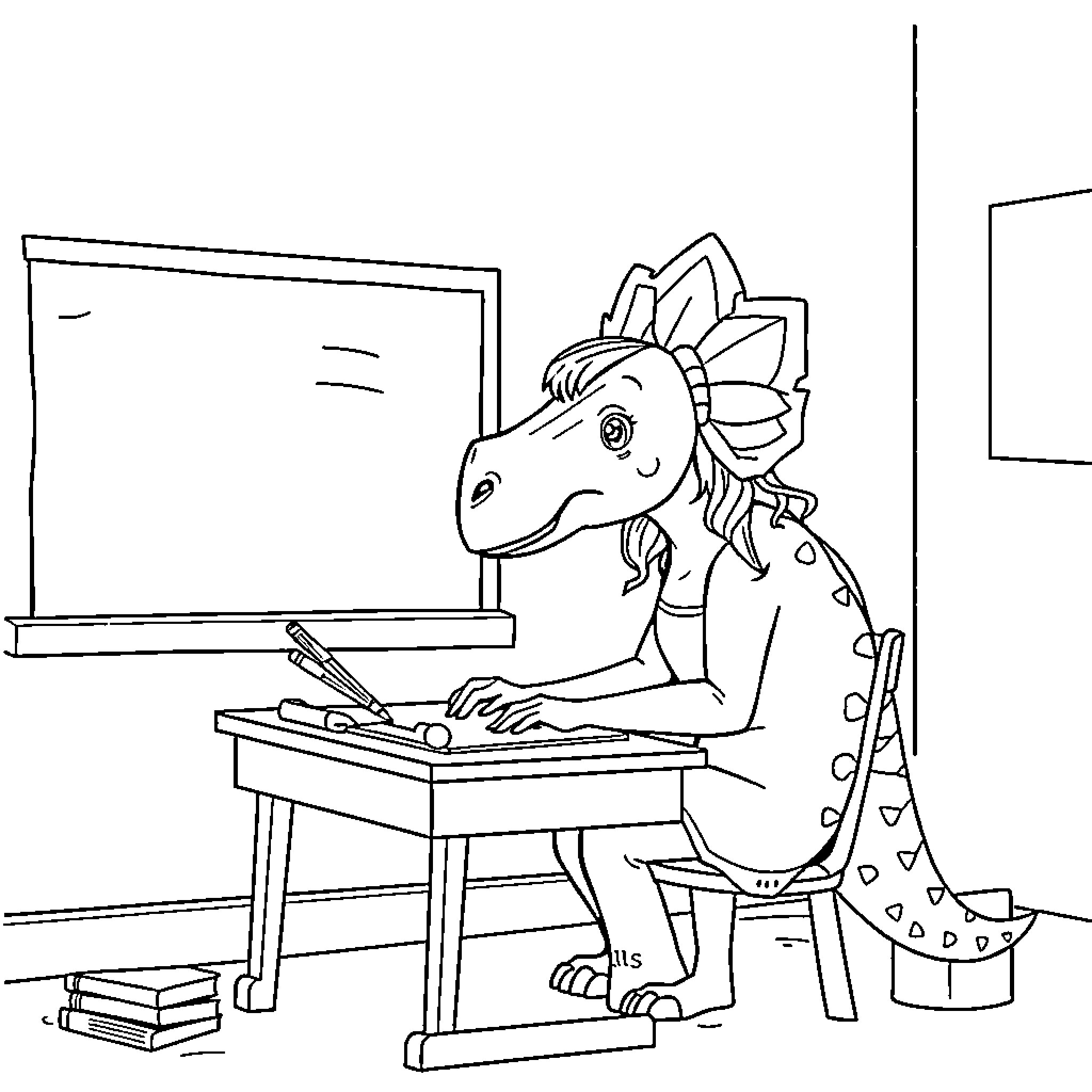 Triceratops student learning at school desk Coloring Page (free black-and-white line drawing printable PDF for all, from beginners to advanced learners, including children, teens, adults, and seniors)