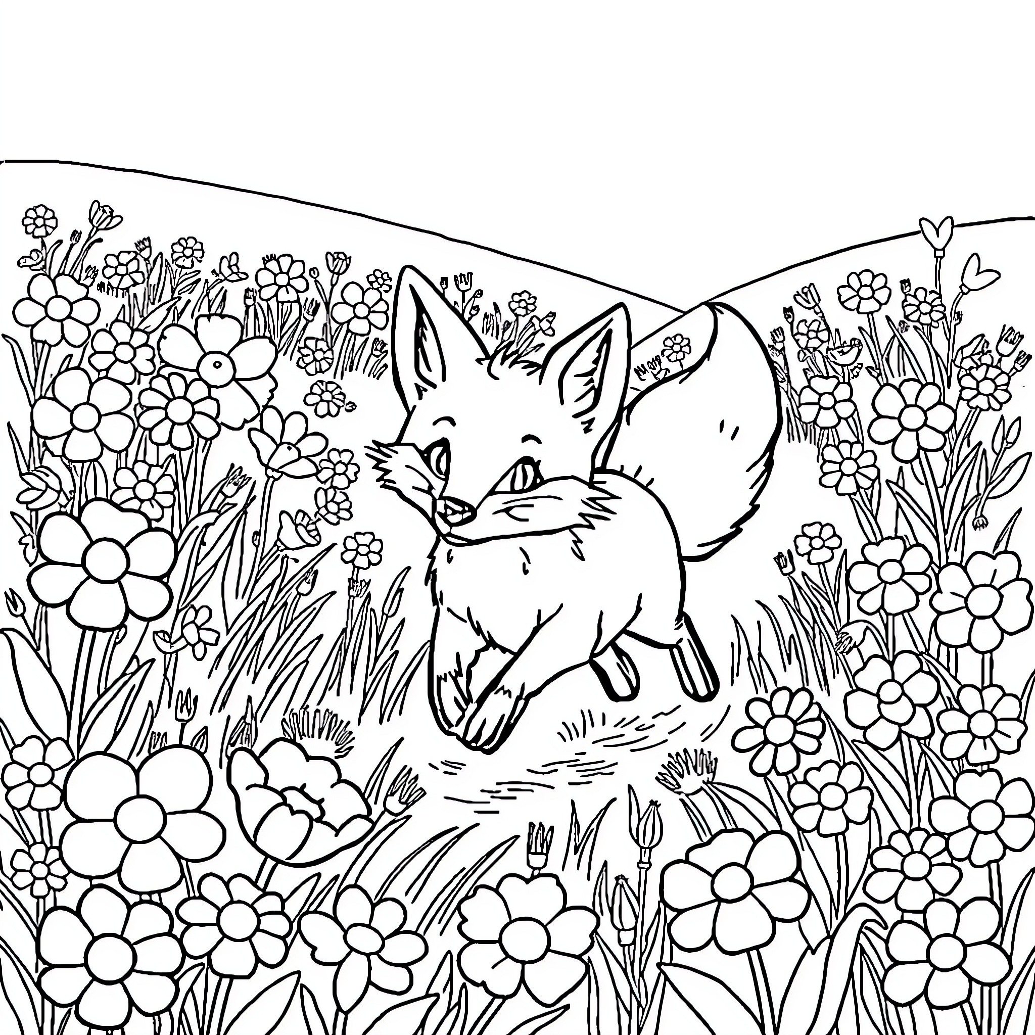 Fox amidst beautiful blooming flowers Coloring Page (free black-and-white line drawing printable PDF for all, from beginners to advanced learners, including children, teens, adults, and seniors)