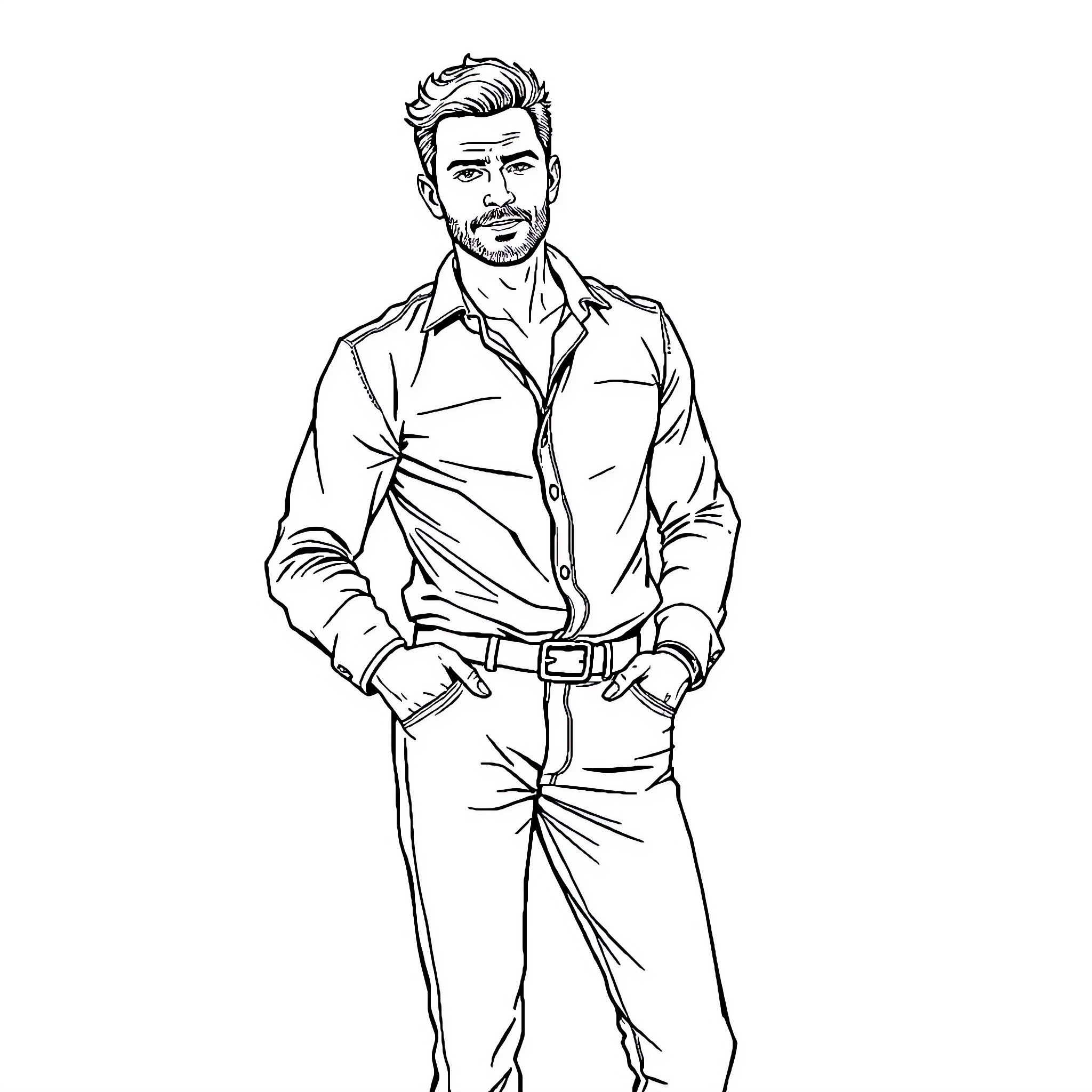 Man in casual pose with shirt and belt Coloring Page (free black-and-white line drawing printable PDF for all, from beginners to advanced learners, including children, teens, adults, and seniors)