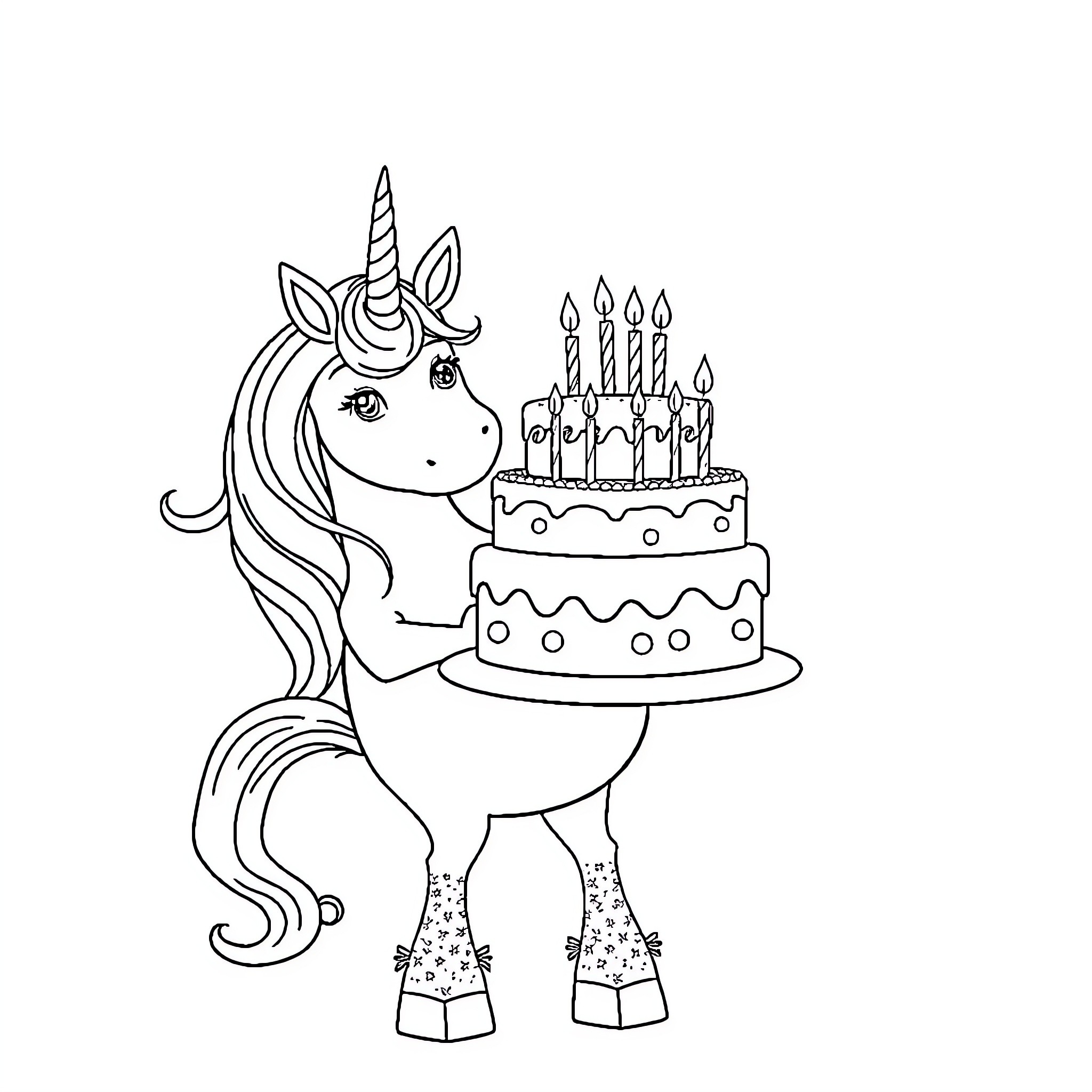 Unicorn Celebrating Birthday with Cake Coloring Page (free black-and-white line drawing printable PDF for all, from beginners to advanced learners, including children, teens, adults, and seniors)