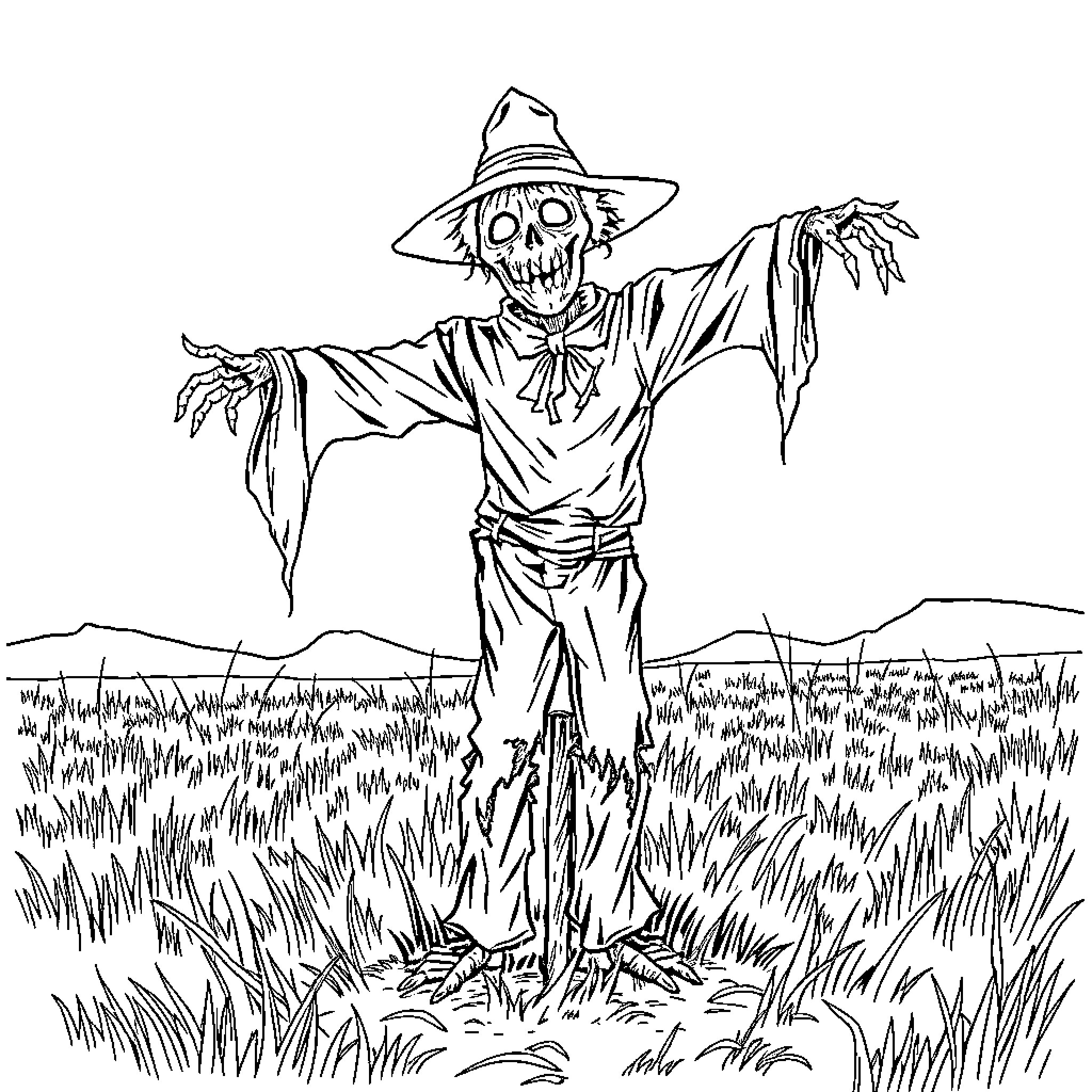 Scarecrow standing in a field with tattered clothing Coloring Page (free black-and-white line drawing printable PDF for all, from beginners to advanced learners, including children, teens, adults, and seniors)