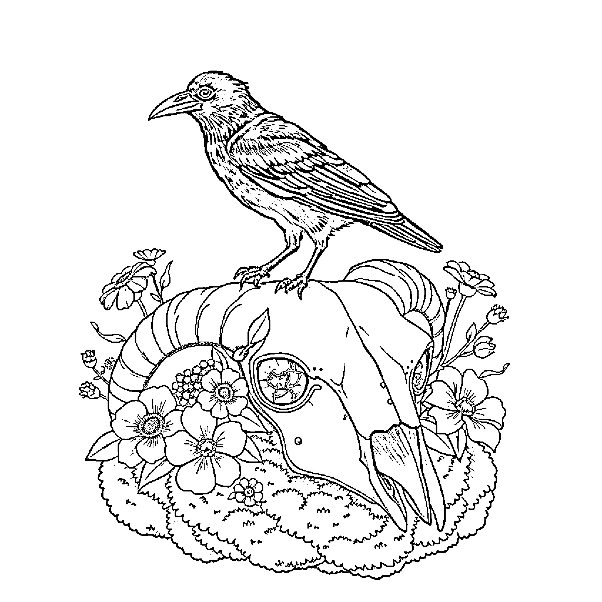 Raven perched amidst vibrant flora Coloring Page (free black-and-white line drawing printable PDF for all, from beginners to advanced learners, including children, teens, adults, and seniors)