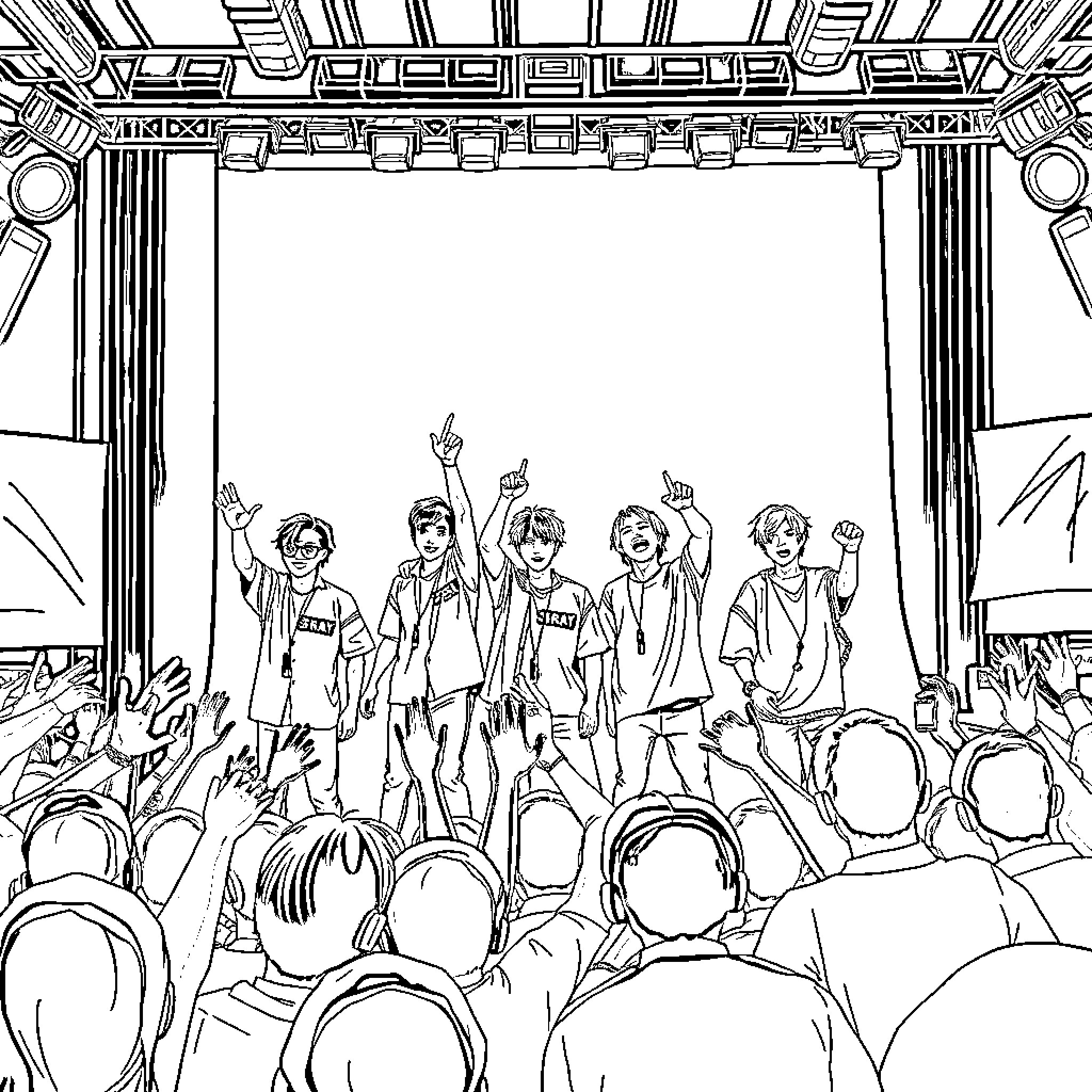 Stray Kids Performing Energetically on Stage Coloring Page (free black-and-white line drawing printable PDF for all, from beginners to advanced learners, including children, teens, adults, and seniors)