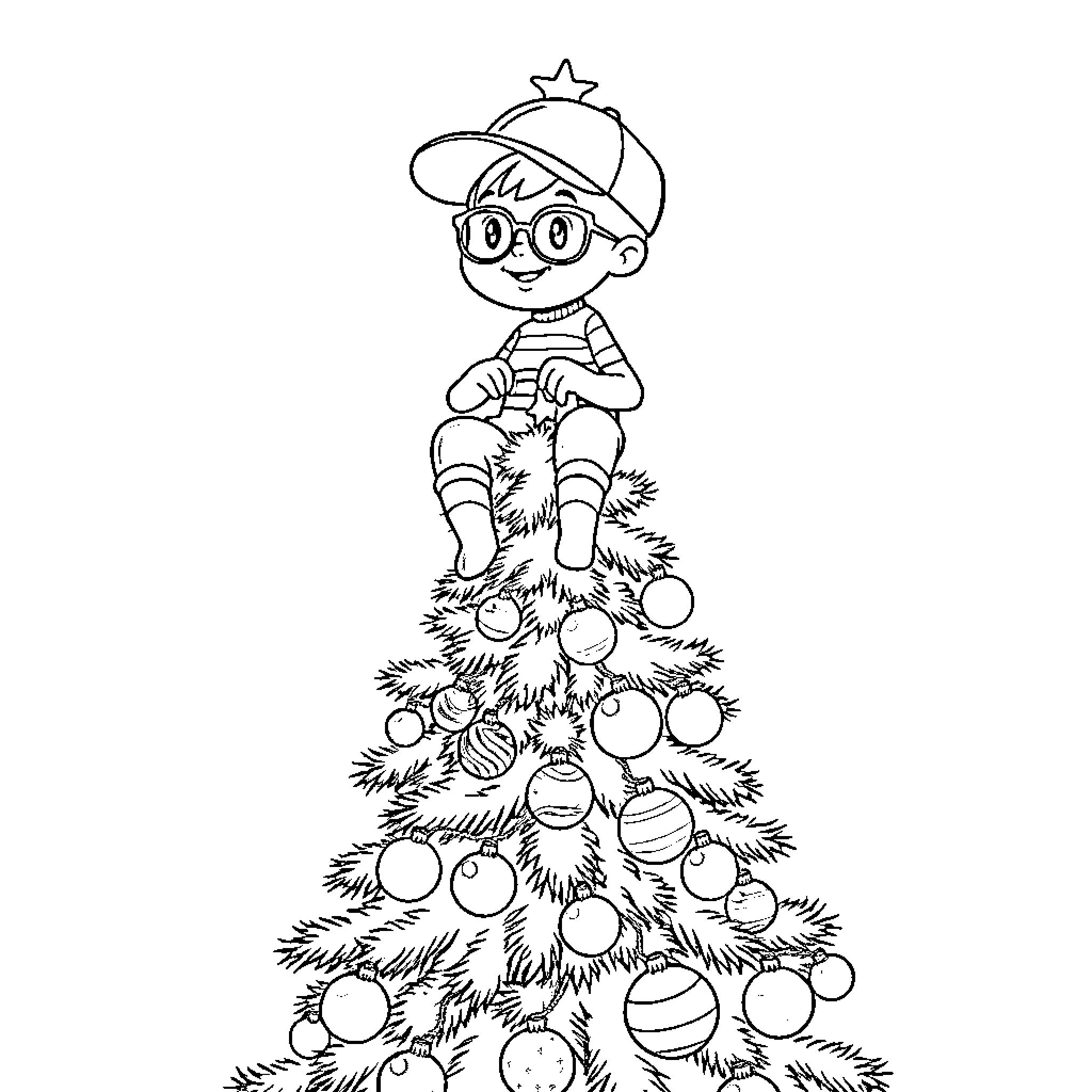 Boy decorating a festive Christmas tree Coloring Page (free black-and-white line drawing printable PDF for all, from beginners to advanced learners, including children, teens, adults, and seniors)