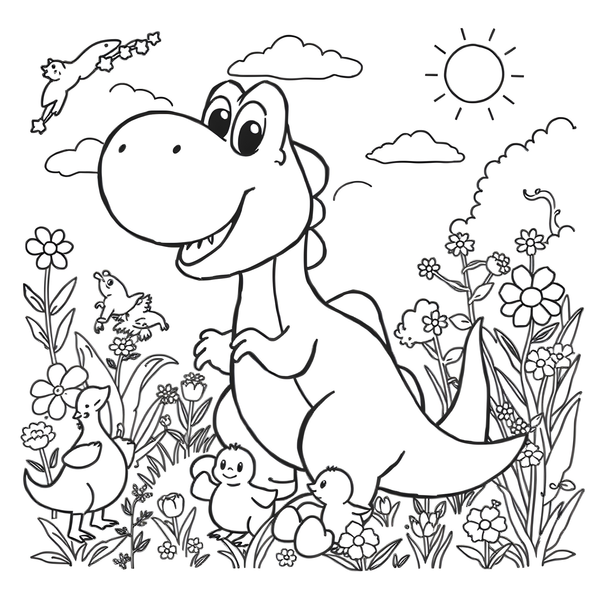 Yoshi and friends explore the cheerful garden Coloring Page (free black-and-white line drawing printable PDF for all, from beginners to advanced learners, including children, teens, adults, and seniors)