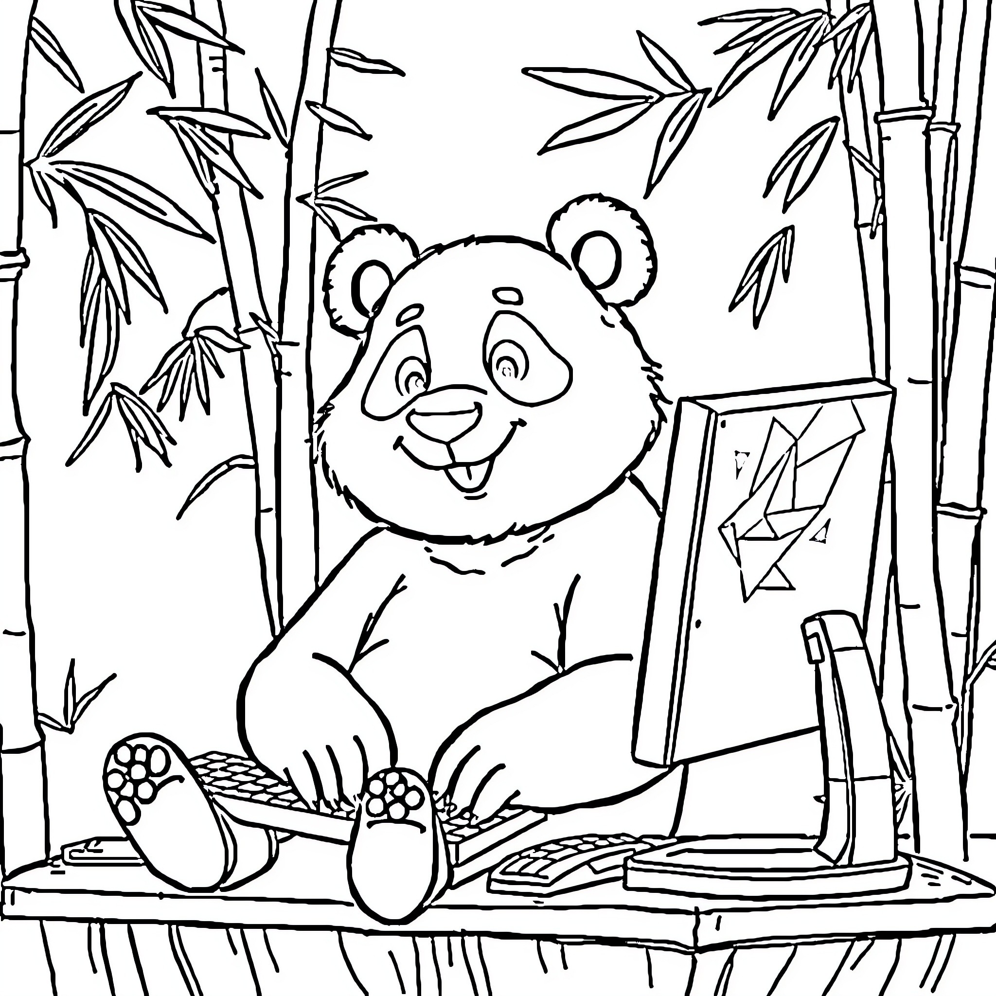 Panda drawing on an easel in a bamboo forest Coloring Page (free black-and-white line drawing printable PDF for all, from beginners to advanced learners, including children, teens, adults, and seniors)