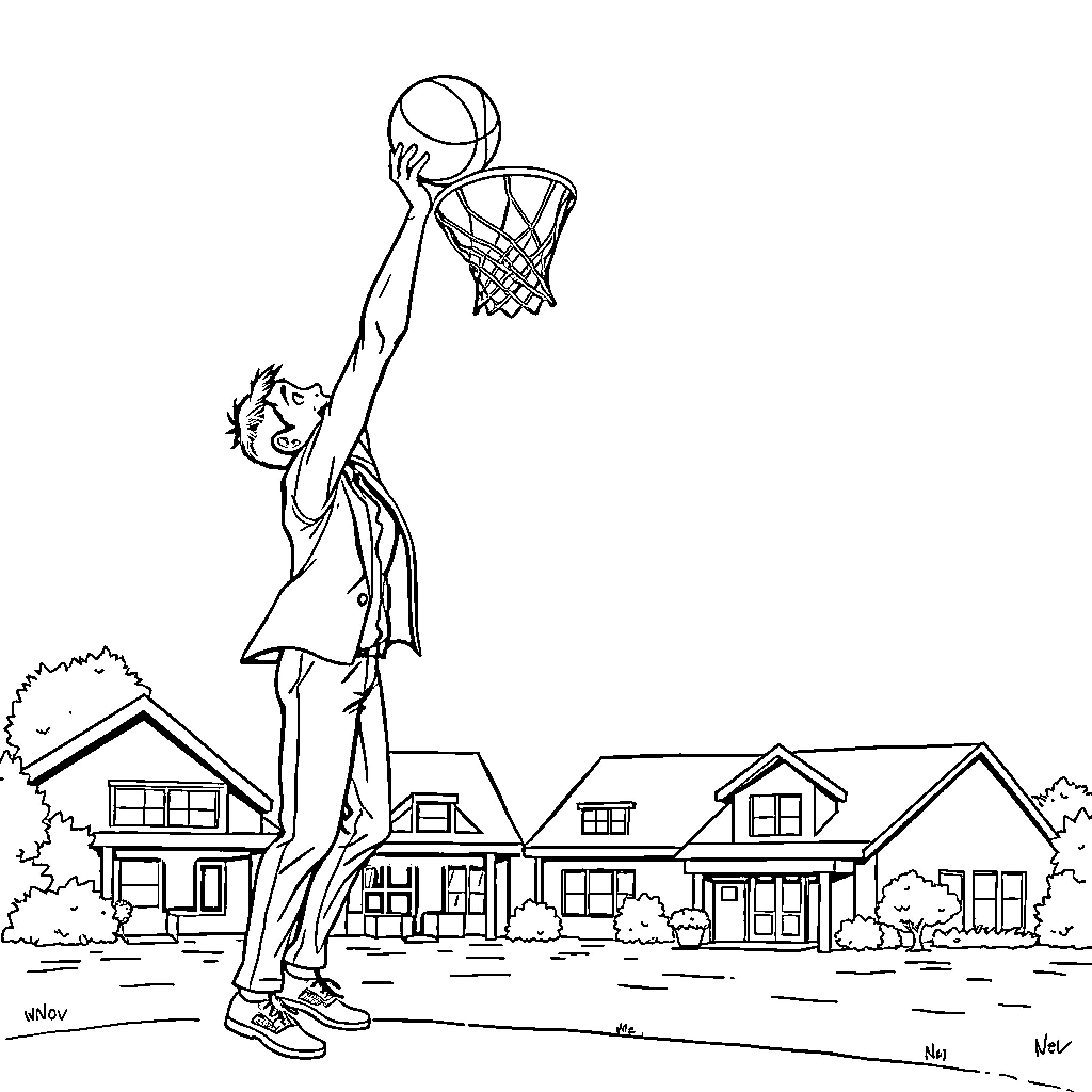 Real Estate Agent Dunking Basketball on Residential Homes Coloring Page (free black-and-white line drawing printable PDF for all, from beginners to advanced learners, including children, teens, adults, and seniors)