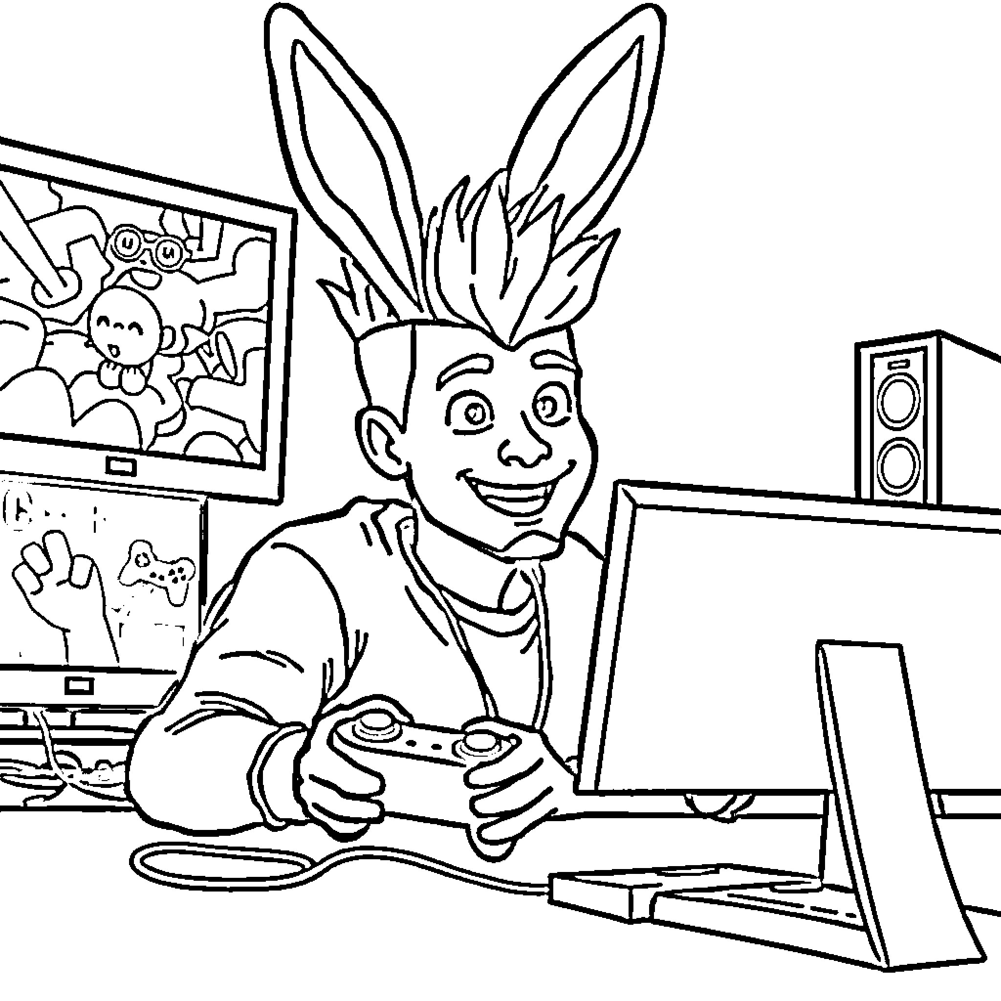 Markiplier Playing Video Games with Enthusiasm Coloring Page (free black-and-white line drawing printable PDF for all, from beginners to advanced learners, including children, teens, adults, and seniors)