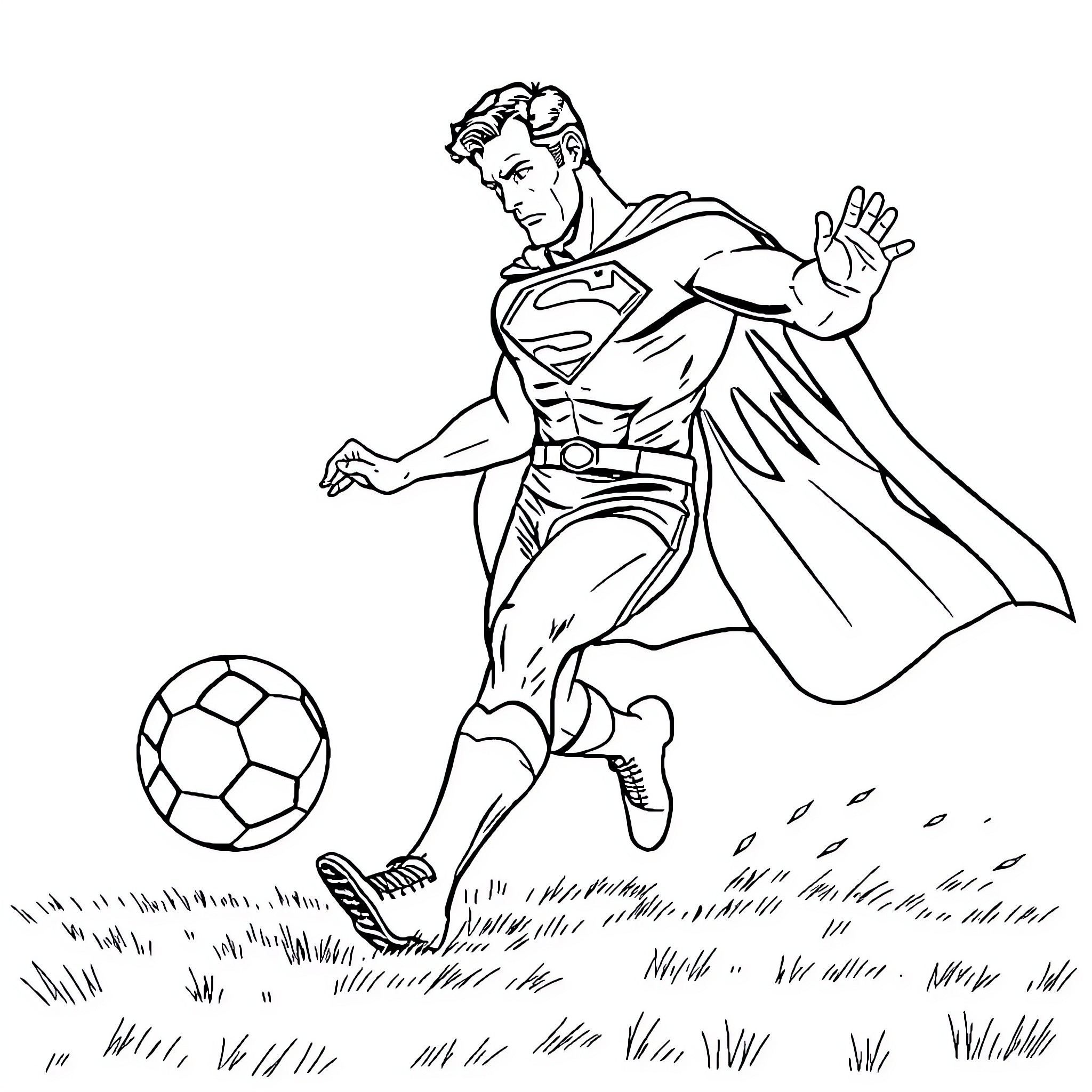 Superman playing soccer in the field Coloring Page (free black-and-white line drawing printable PDF for all, from beginners to advanced learners, including children, teens, adults, and seniors)