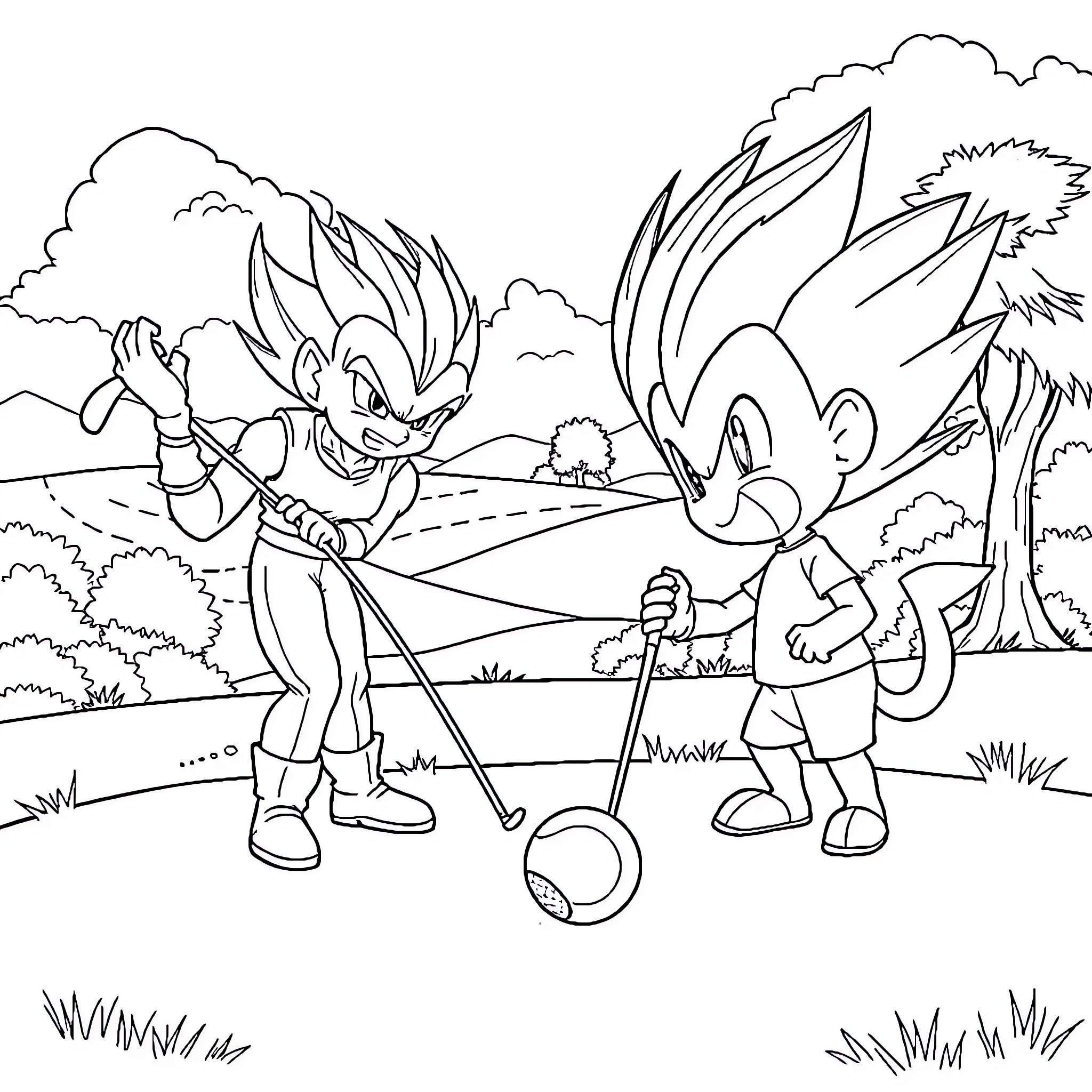 Vegeta and Sonic playing golf in a scenic landscape Coloring Page (free black-and-white line drawing printable PDF for all, from beginners to advanced learners, including children, teens, adults, and seniors)